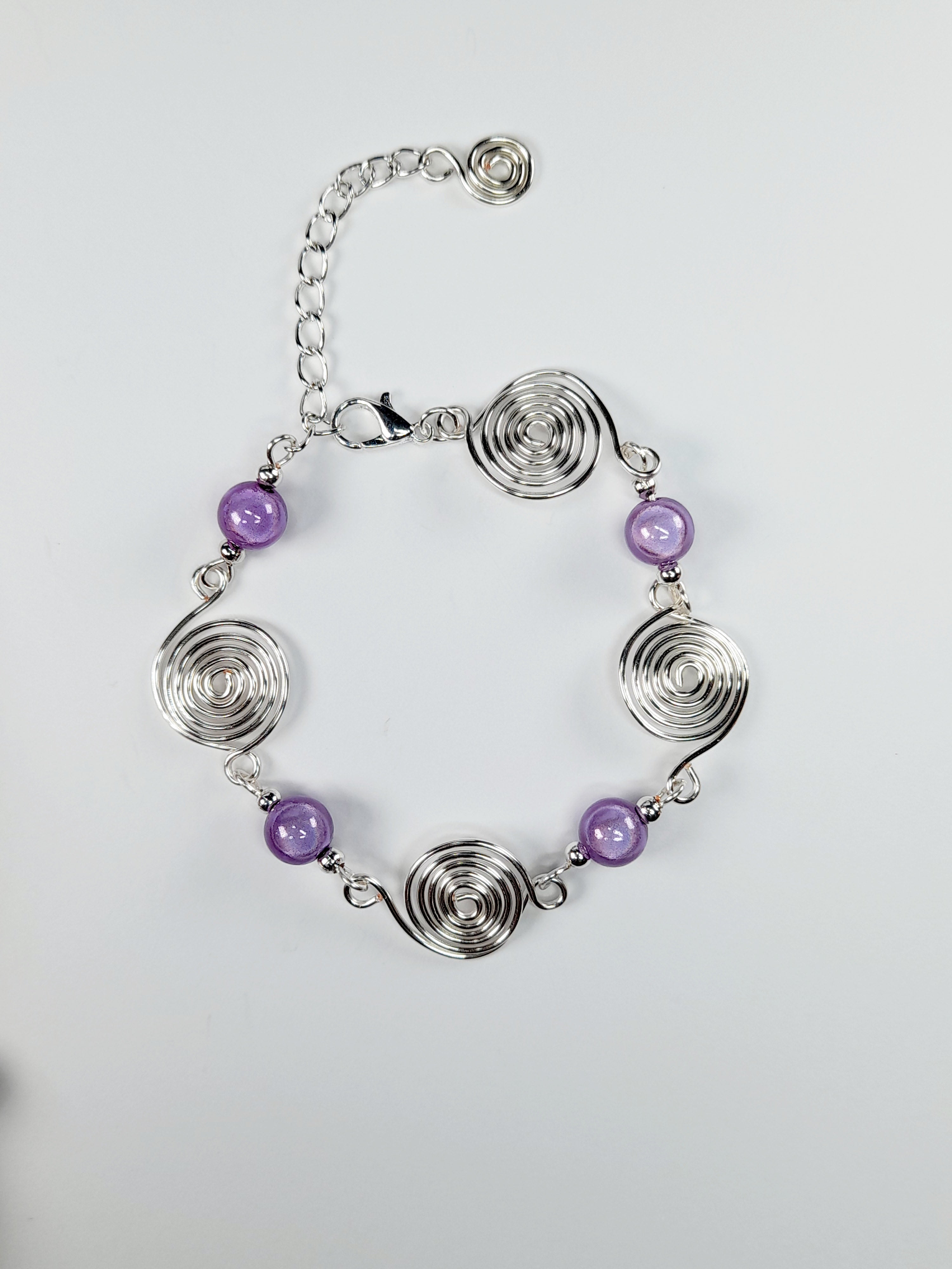 Dainty Silver Spiral & Lilac Bead Bracelet – Handmade Adjustable Design