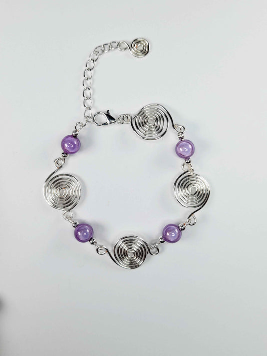 Dainty Silver Spiral & Lilac Bead Bracelet – Handmade Adjustable Design