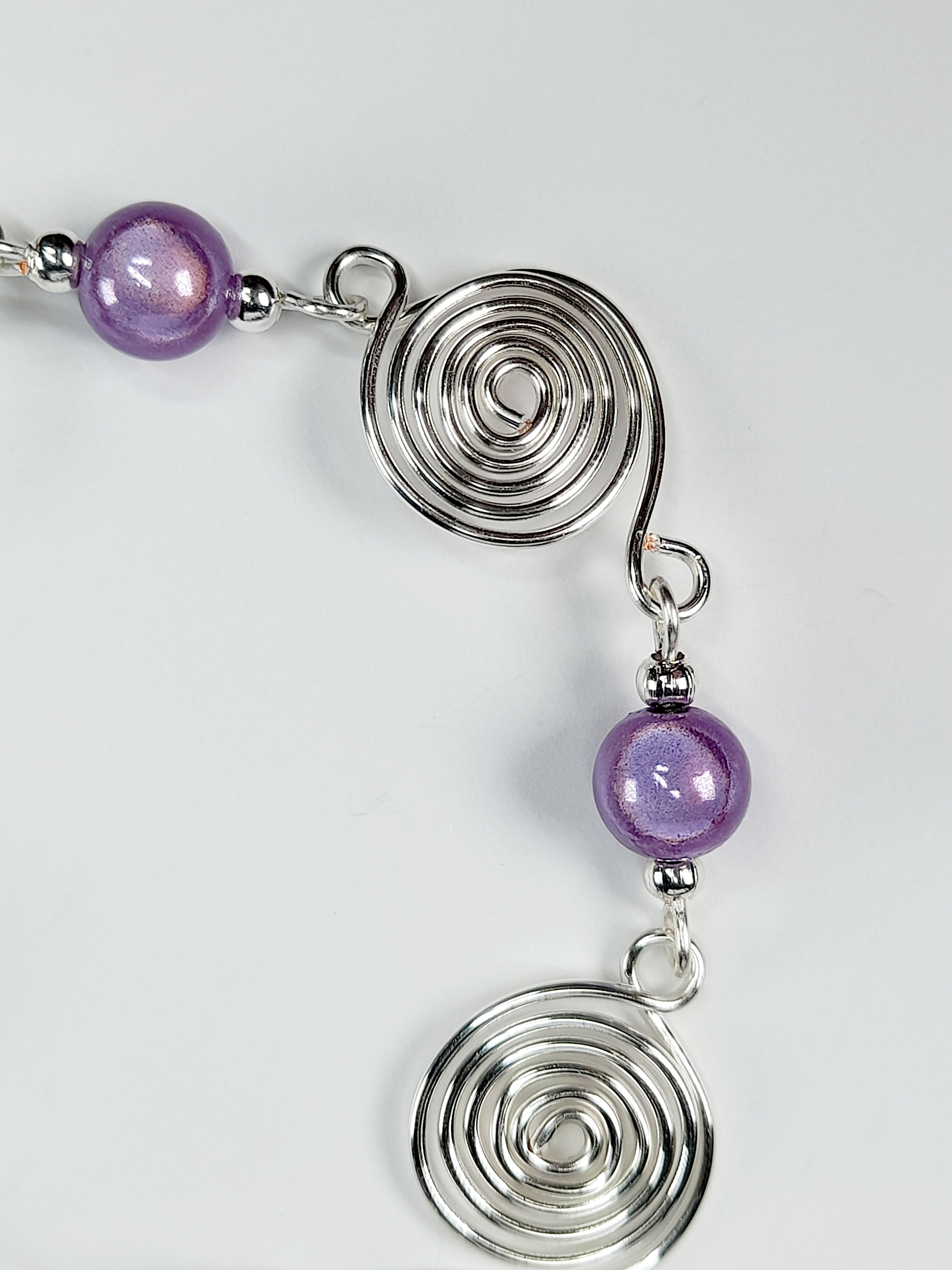 Dainty Silver Spiral & Lilac Bead Bracelet – Handmade Adjustable Design