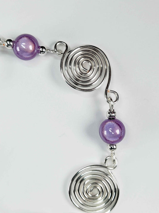 Dainty Silver Spiral & Lilac Bead Bracelet – Handmade Adjustable Design