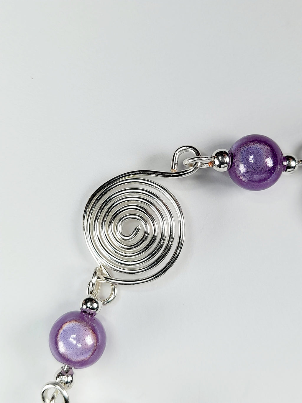 Dainty Silver Spiral & Lilac Bead Bracelet – Handmade Adjustable Design