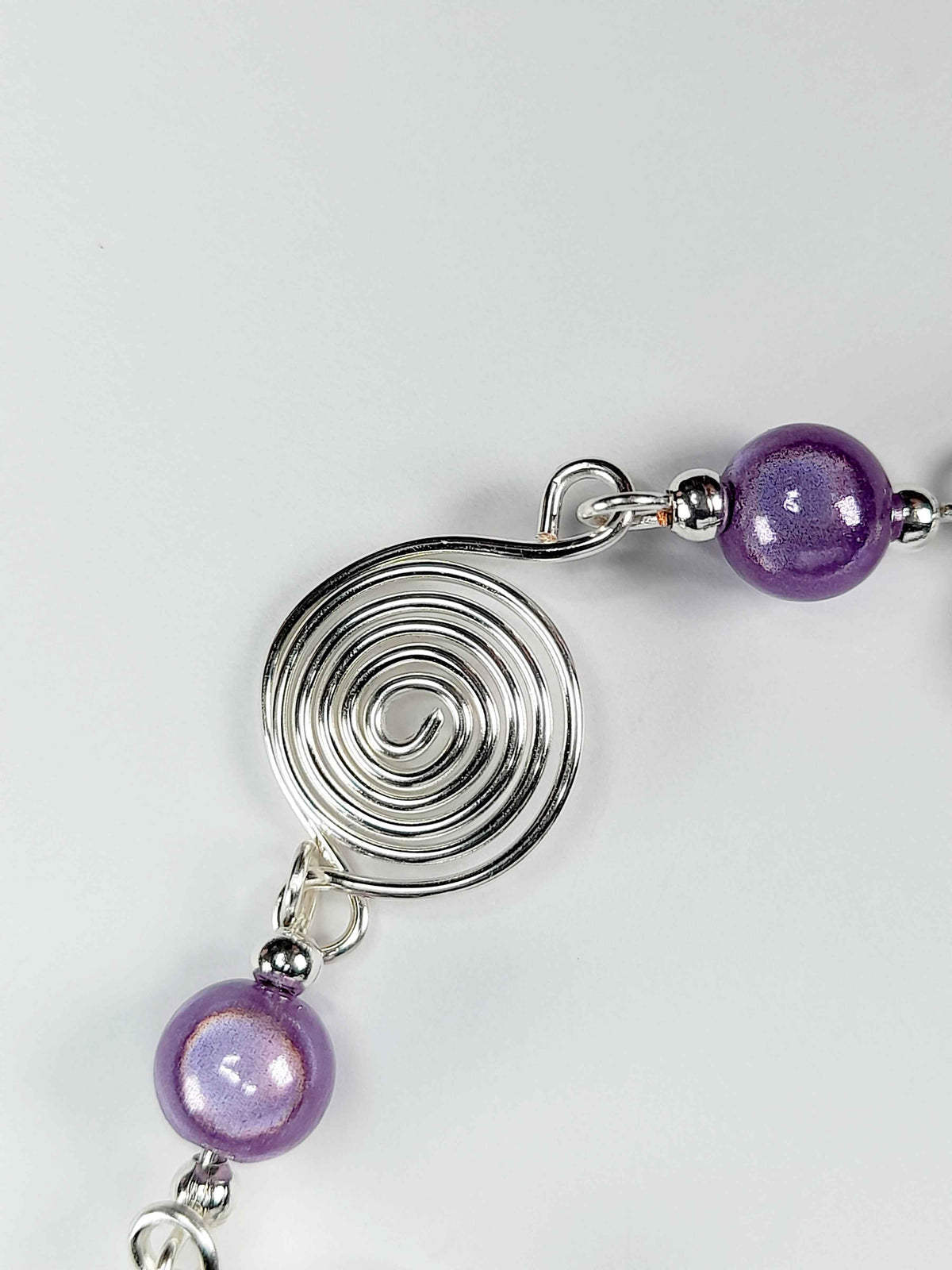 Dainty Silver Spiral & Lilac Bead Bracelet – Handmade Adjustable Design