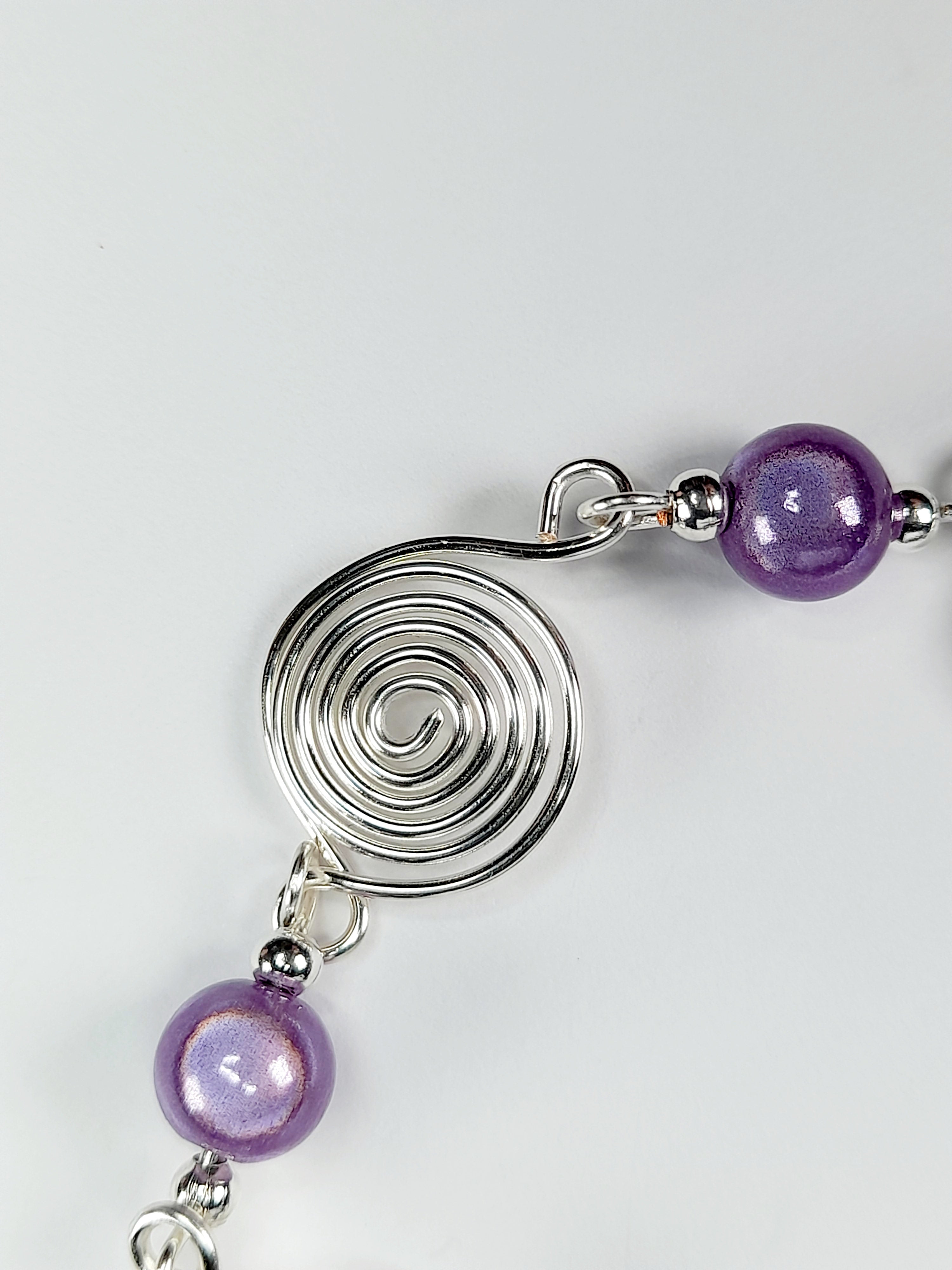 Dainty Silver Spiral & Lilac Bead Bracelet – Handmade Adjustable Design