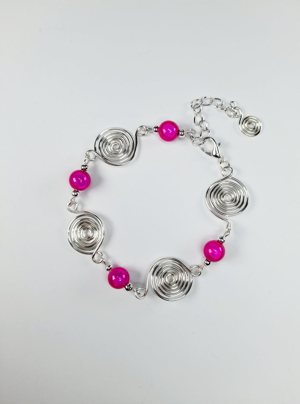 Dainty Silver Spiral & Hot Pink Bead Bracelet – Handmade Adjustable Design