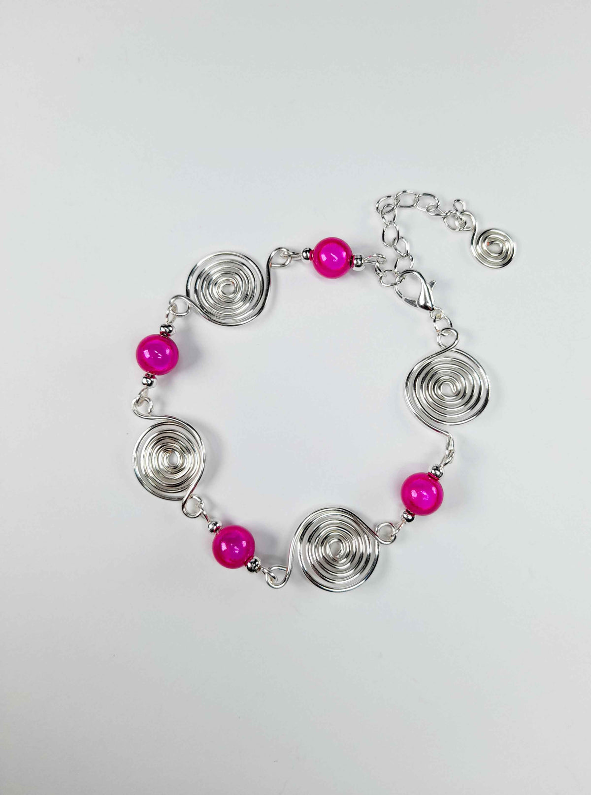 Dainty Silver Spiral & Hot Pink Bead Bracelet – Handmade Adjustable Design