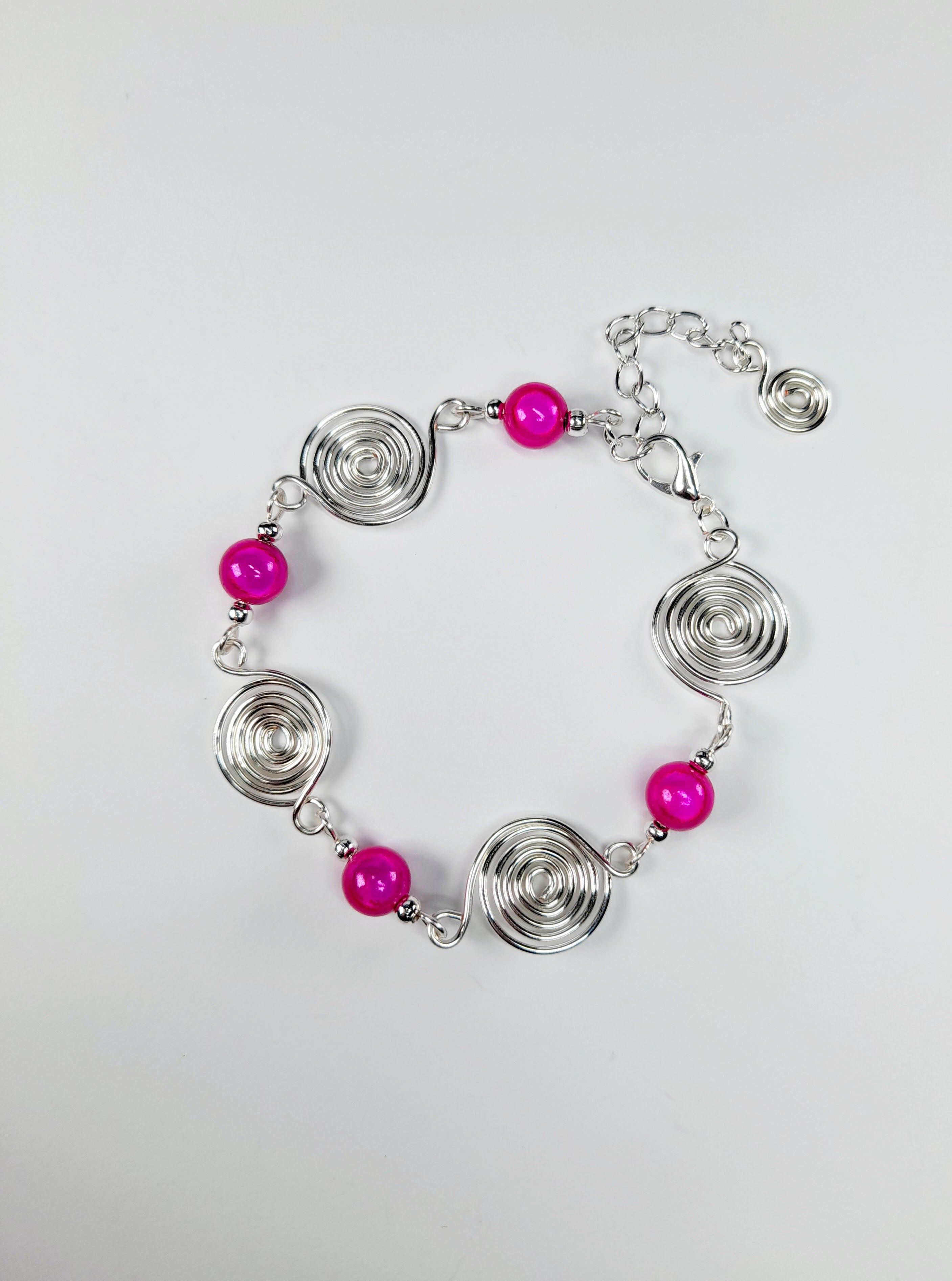 Dainty Silver Spiral & Hot Pink Bead Bracelet – Handmade Adjustable Design