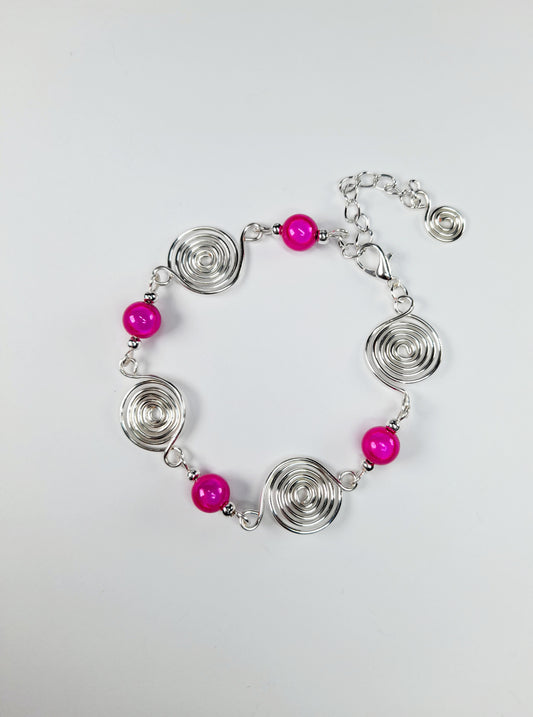 Dainty Silver Spiral & Hot Pink Bead Bracelet – Handmade Adjustable Design