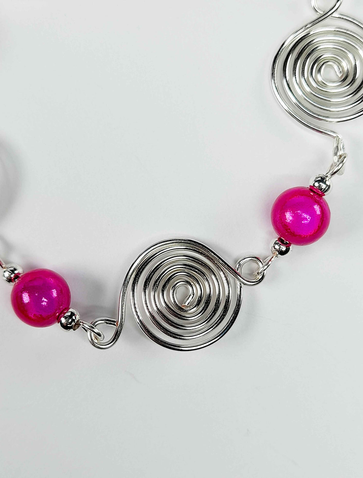 Dainty Silver Spiral & Hot Pink Bead Bracelet – Handmade Adjustable Design