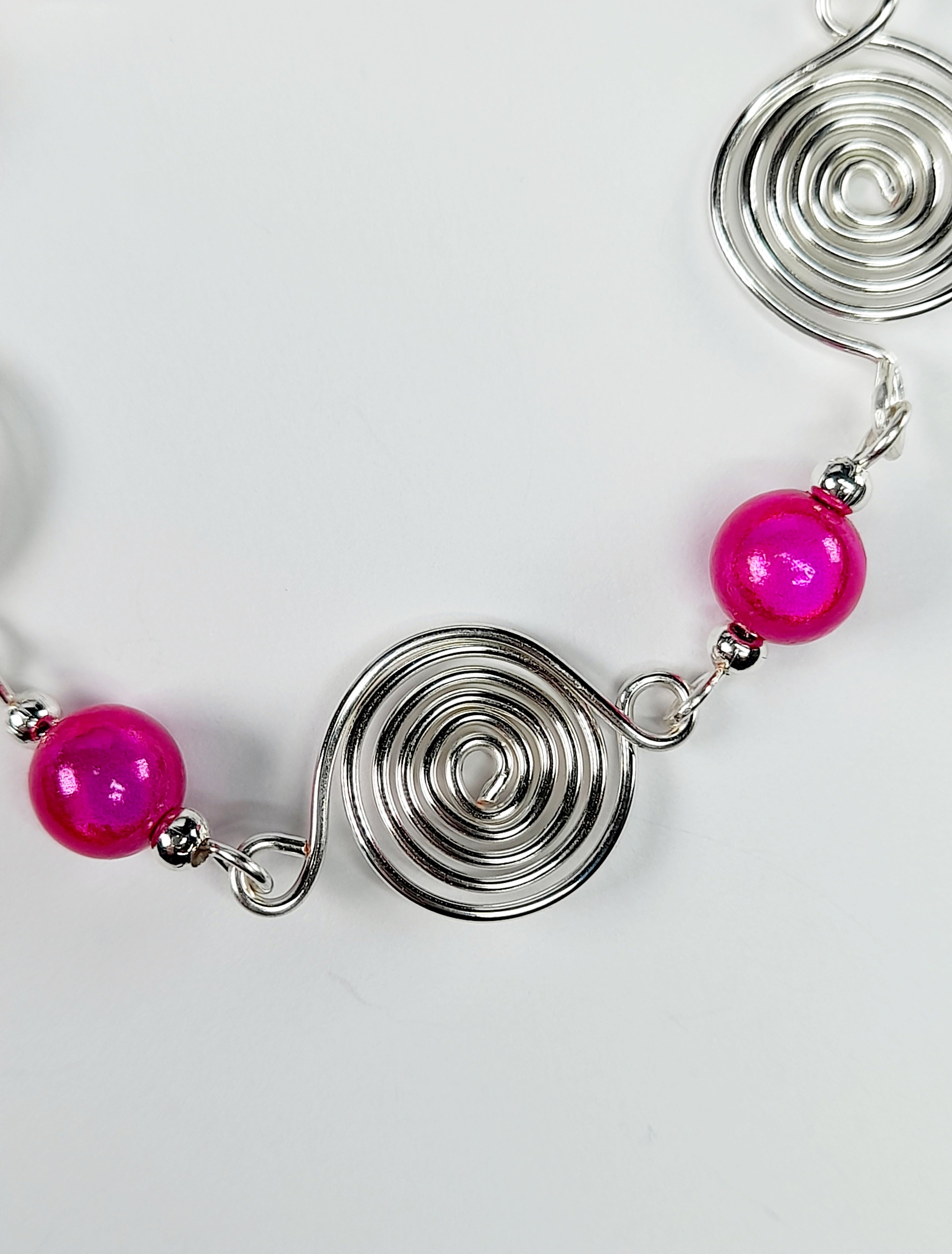 Dainty Silver Spiral & Hot Pink Bead Bracelet – Handmade Adjustable Design