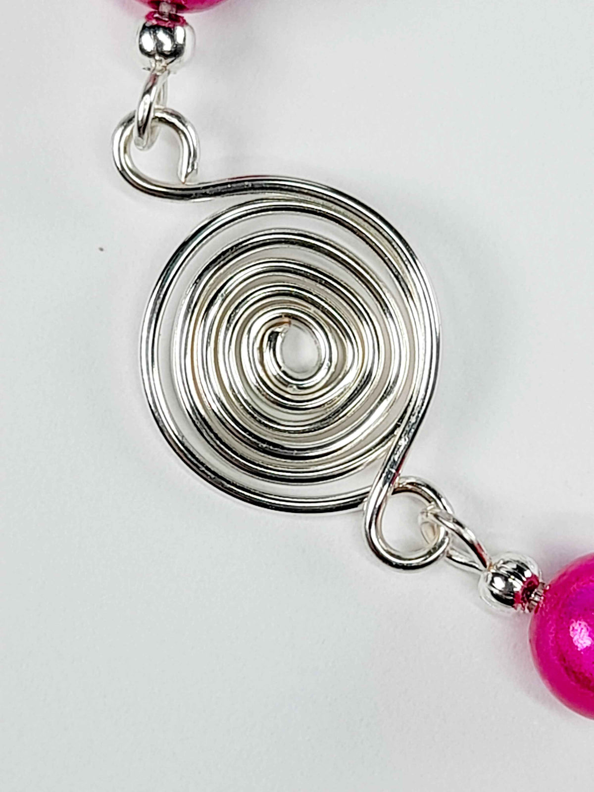 Dainty Silver Spiral & Hot Pink Bead Bracelet – Handmade Adjustable Design
