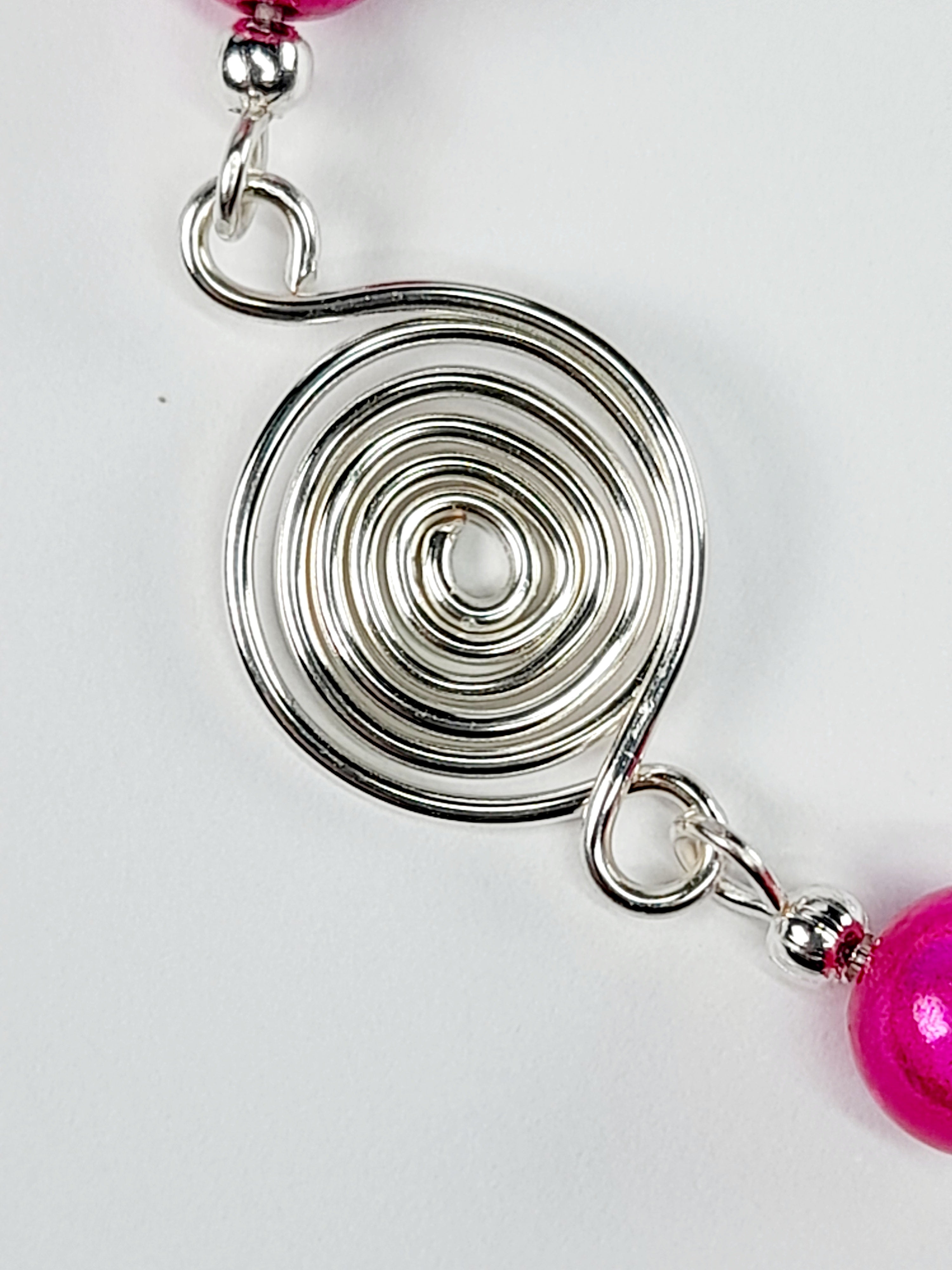 Dainty Silver Spiral & Hot Pink Bead Bracelet – Handmade Adjustable Design