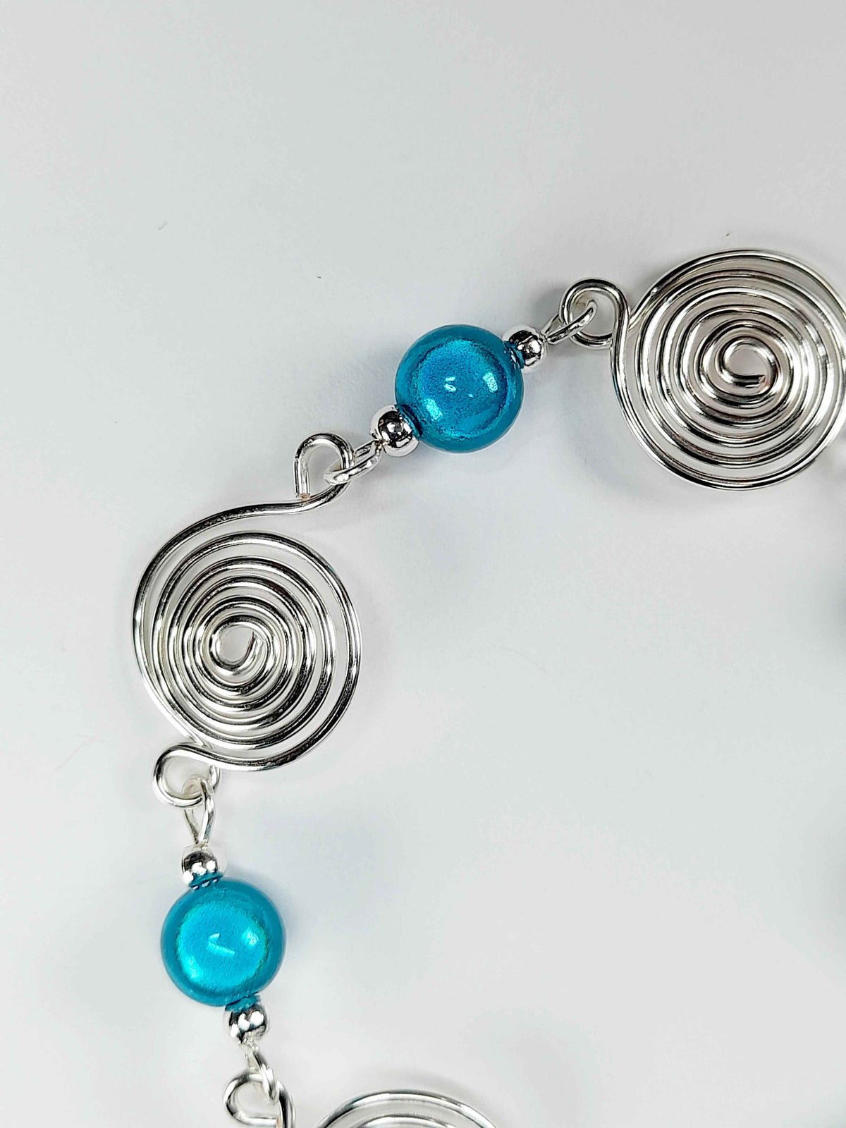 Dainty Silver Spiral & Turquoise Bead Bracelet – Handmade Adjustable Design