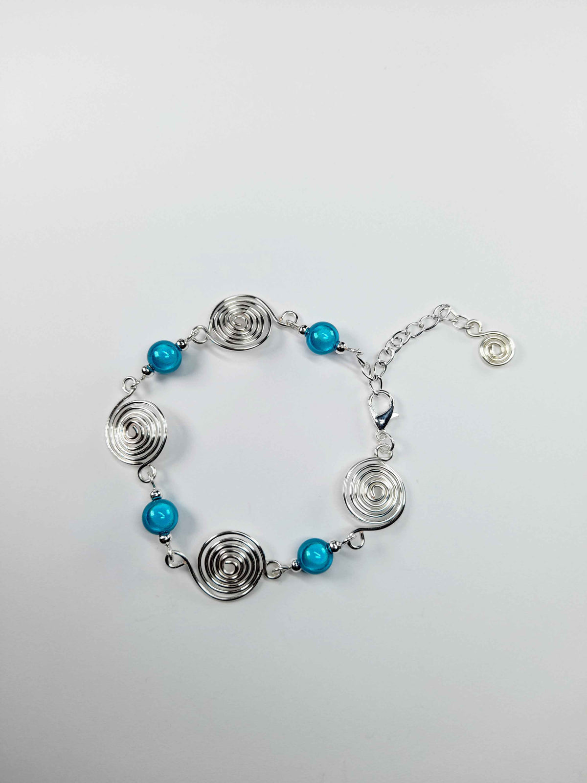 Dainty Silver Spiral & Turquoise Bead Bracelet – Handmade Adjustable Design