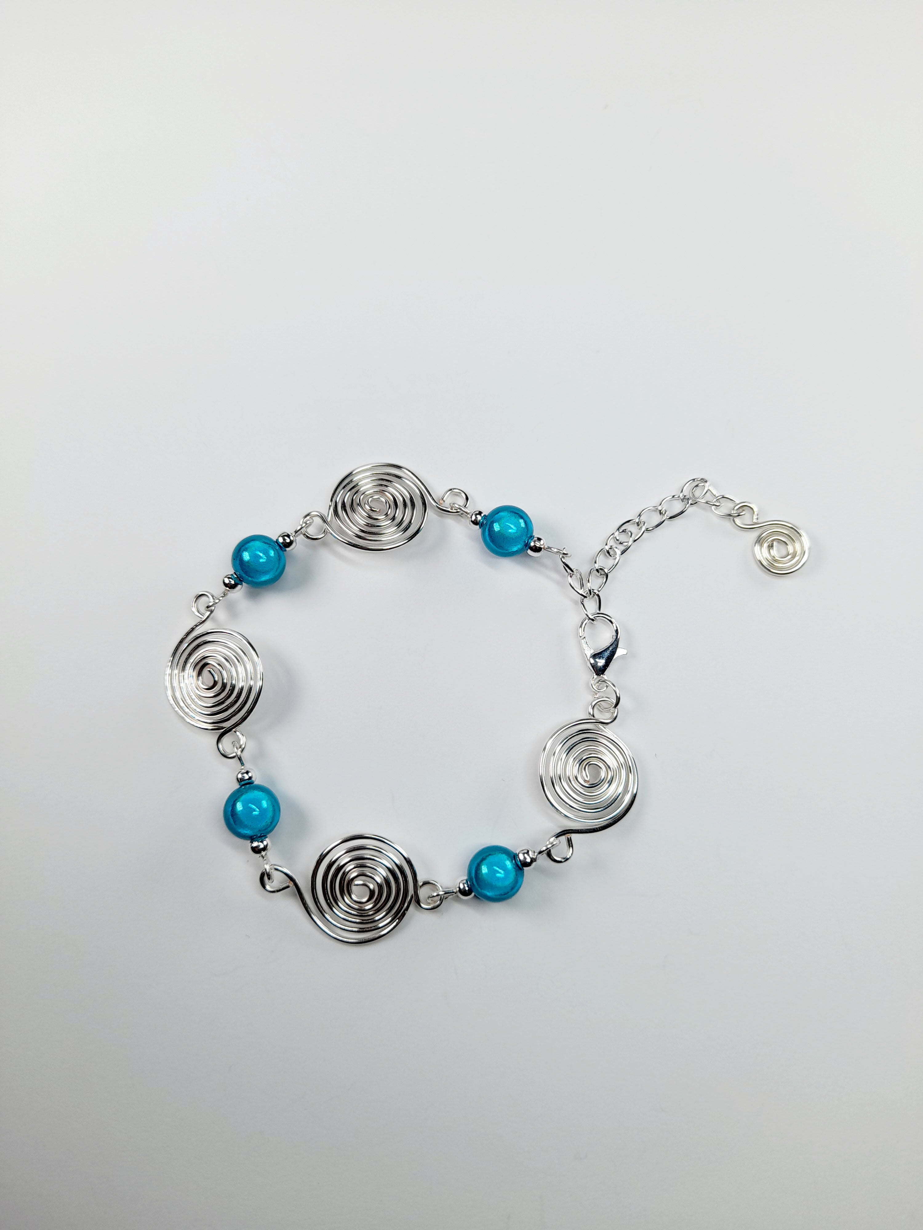 Dainty Silver Spiral & Turquoise Bead Bracelet – Handmade Adjustable Design