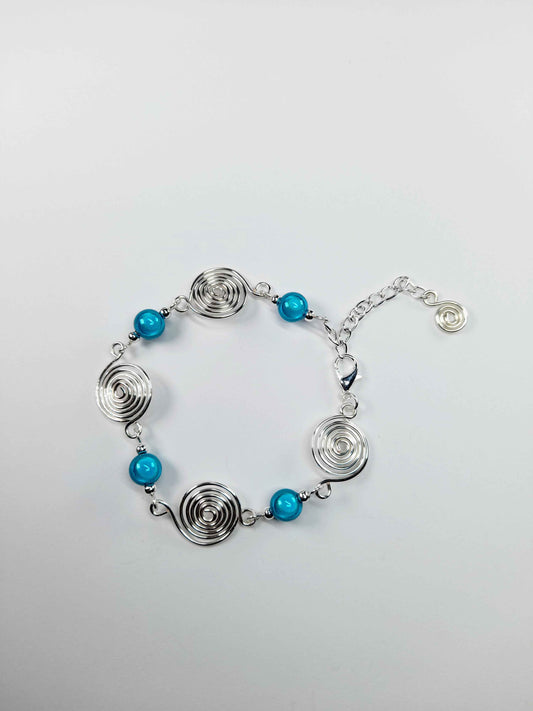Dainty Silver Spiral & Turquoise Bead Bracelet – Handmade Adjustable Design