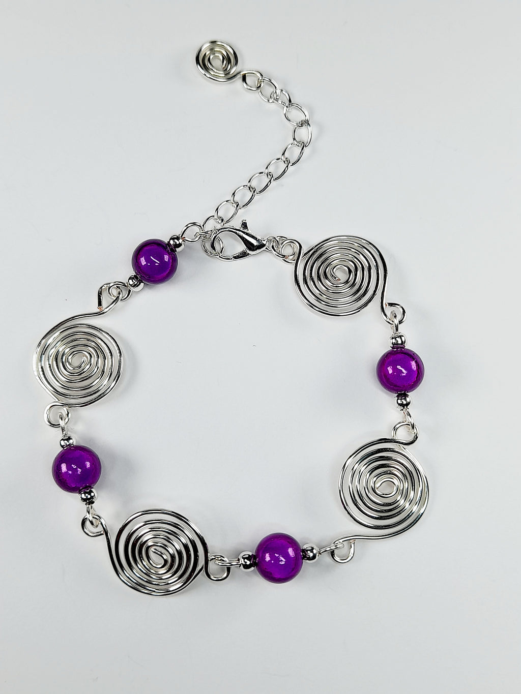 Dainty Silver Spiral & Purple Bead Bracelet – Handmade Adjustable Design