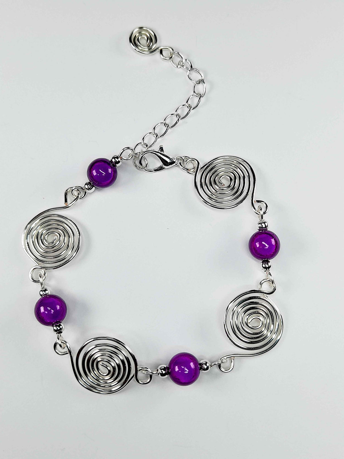 Dainty Silver Spiral & Purple Bead Bracelet – Handmade Adjustable Design