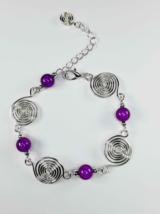 Dainty Silver Spiral & Purple Bead Bracelet – Handmade Adjustable Design