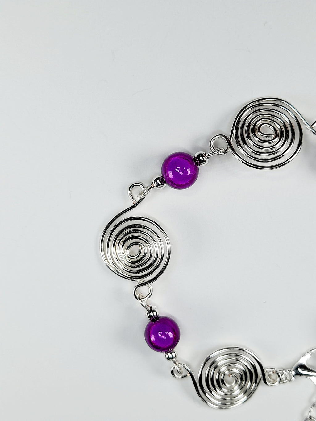 Dainty Silver Spiral & Purple Bead Bracelet – Handmade Adjustable Design