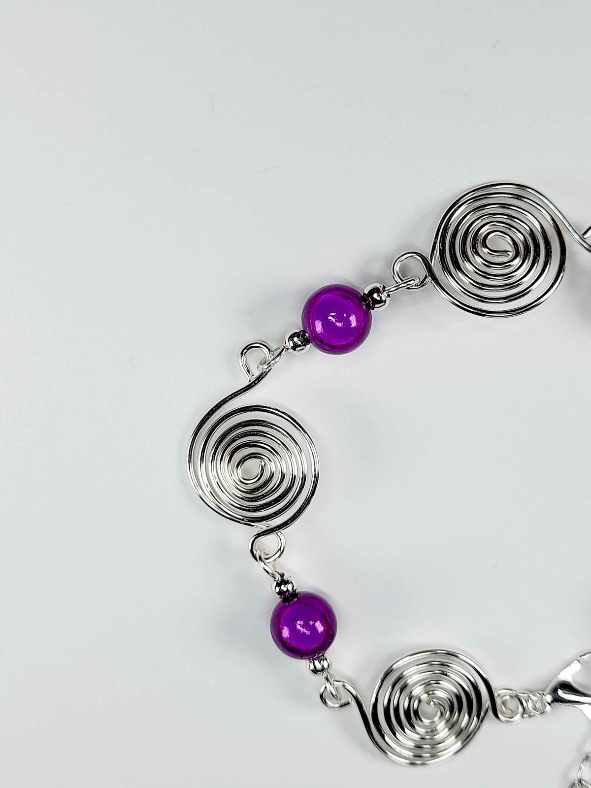 Dainty Silver Spiral & Purple Bead Bracelet – Handmade Adjustable Design
