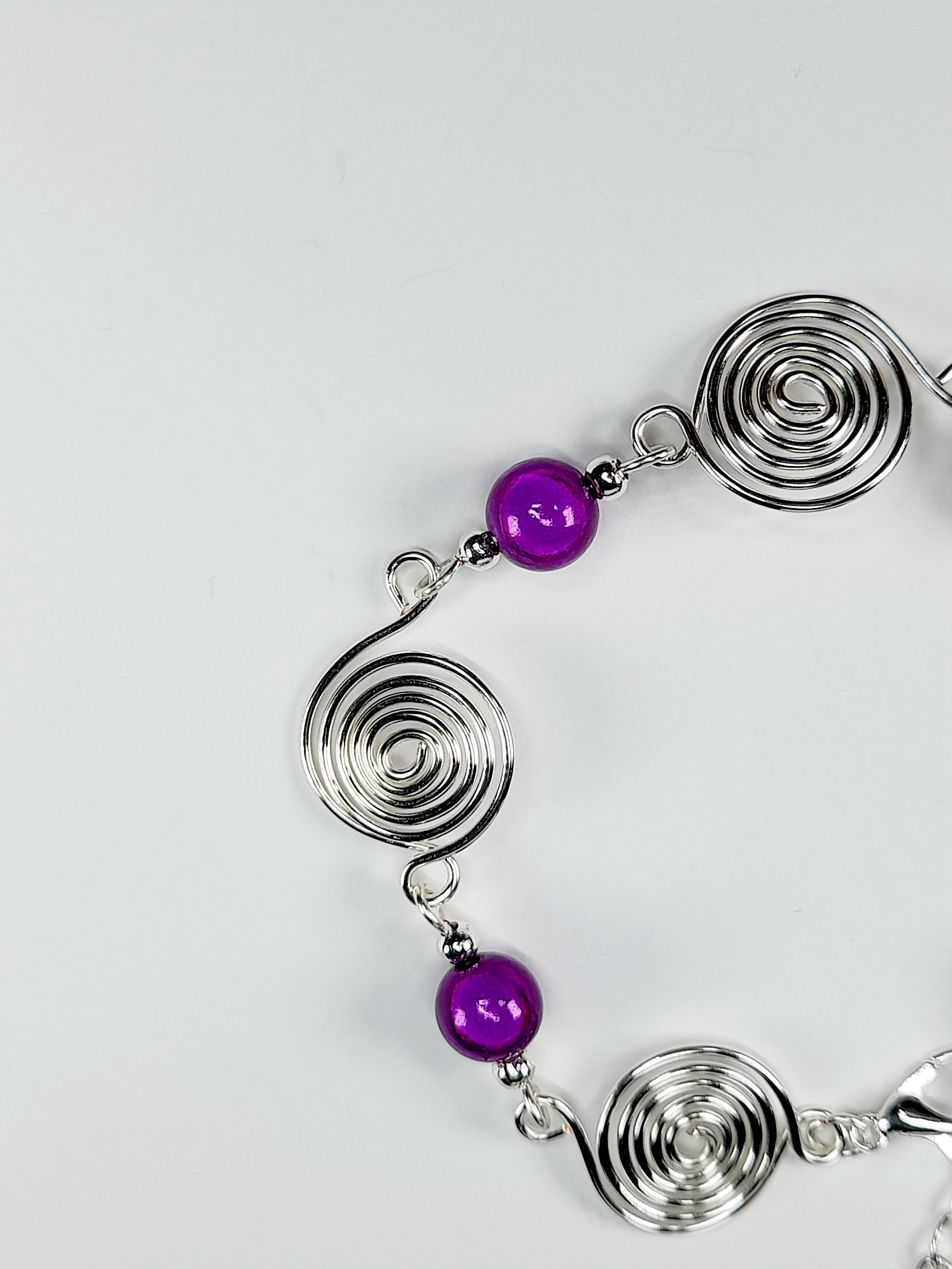 Dainty Silver Spiral & Purple Bead Bracelet – Handmade Adjustable Design