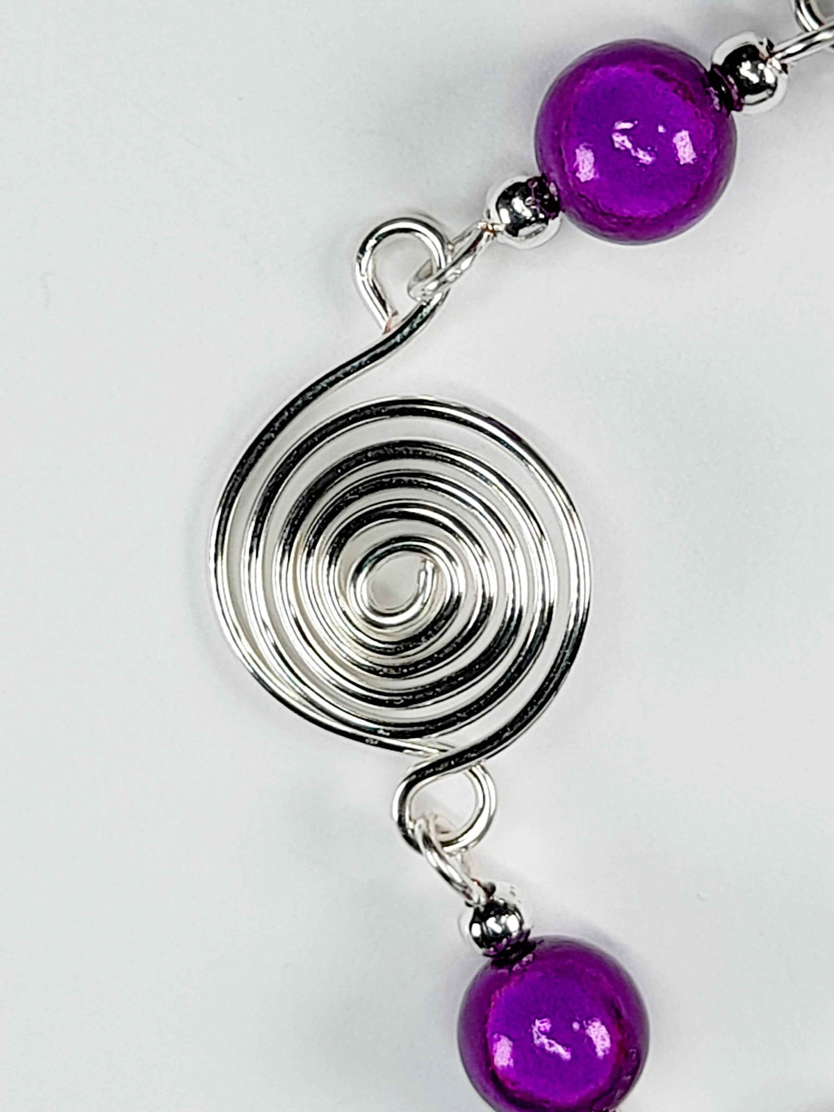 Dainty Silver Spiral & Purple Bead Bracelet – Handmade Adjustable Design