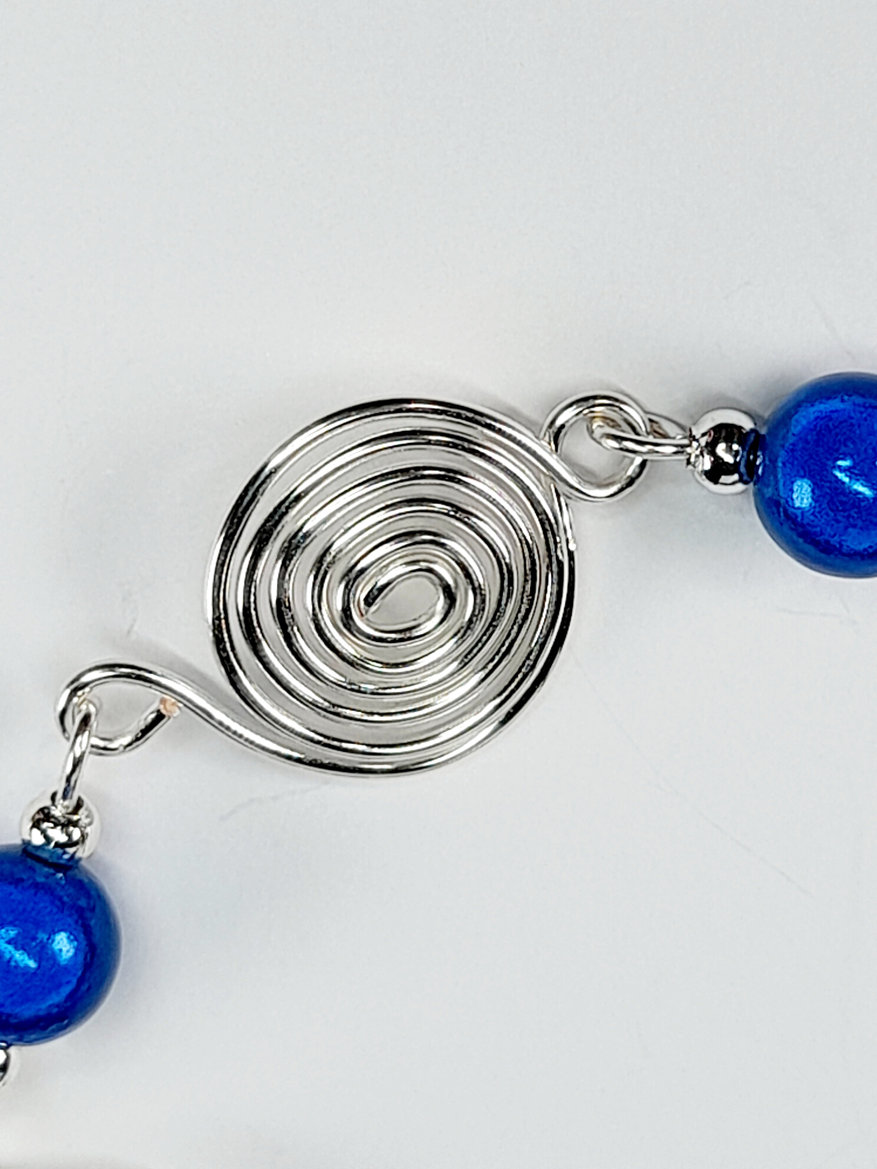 Dainty Silver Spiral & Blue Bead Bracelet – Handmade Adjustable Design