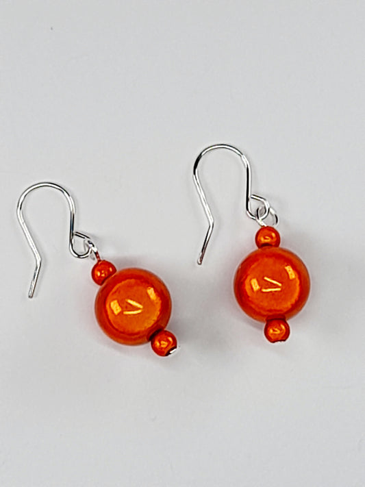 Handmade Silver Dangle Earrings with Orange Luminescent Beads