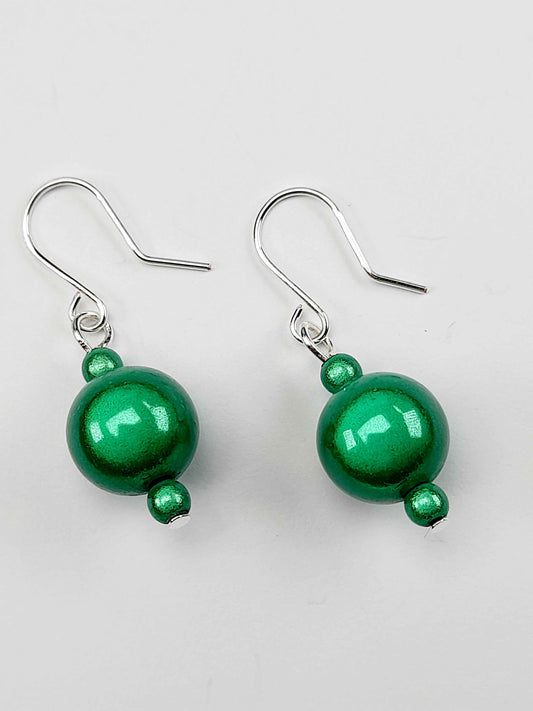 Handmade Silver Dangle Earrings with Green Luminescent Beads