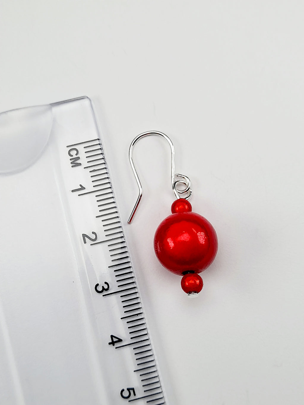 Handmade Silver Dangle Earrings with Red Luminescent Beads