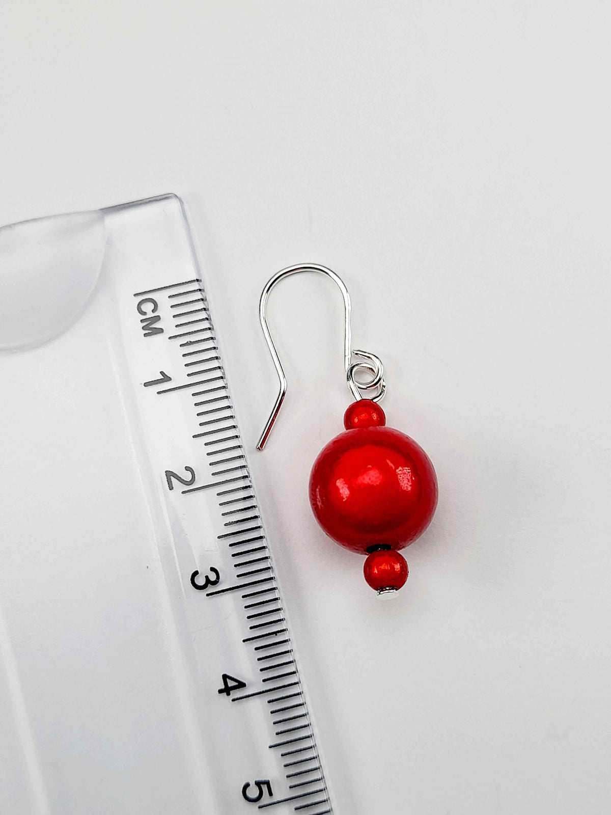 Handmade Silver Dangle Earrings with Red Luminescent Beads