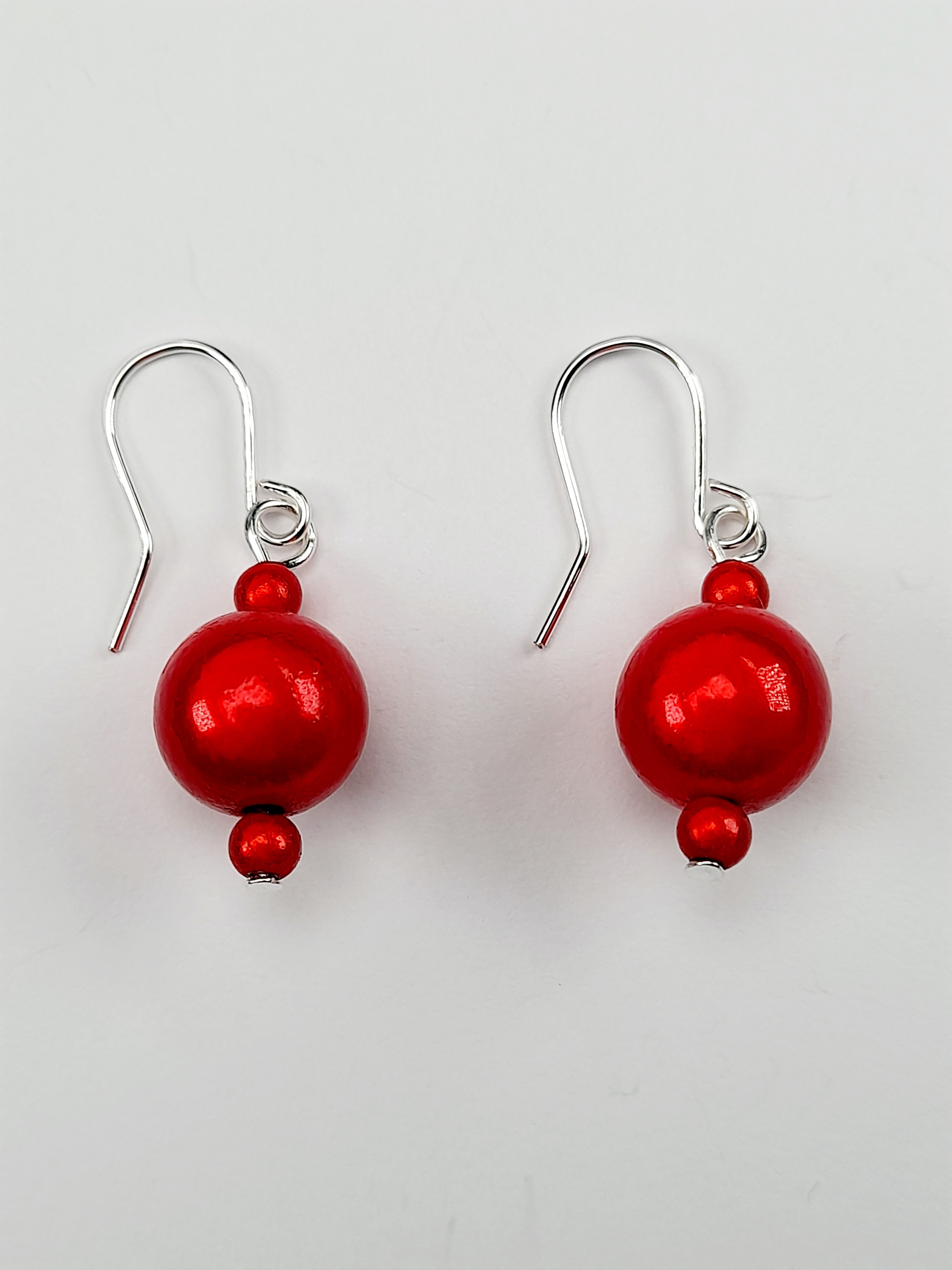 Handmade Silver Dangle Earrings with Red Luminescent Beads