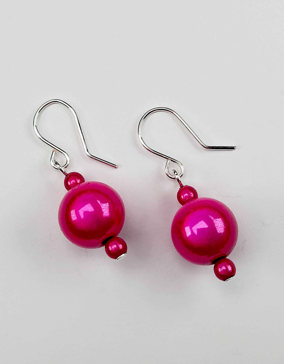 Handmade Silver Dangle Earrings with Hot Pink Luminescent Beads