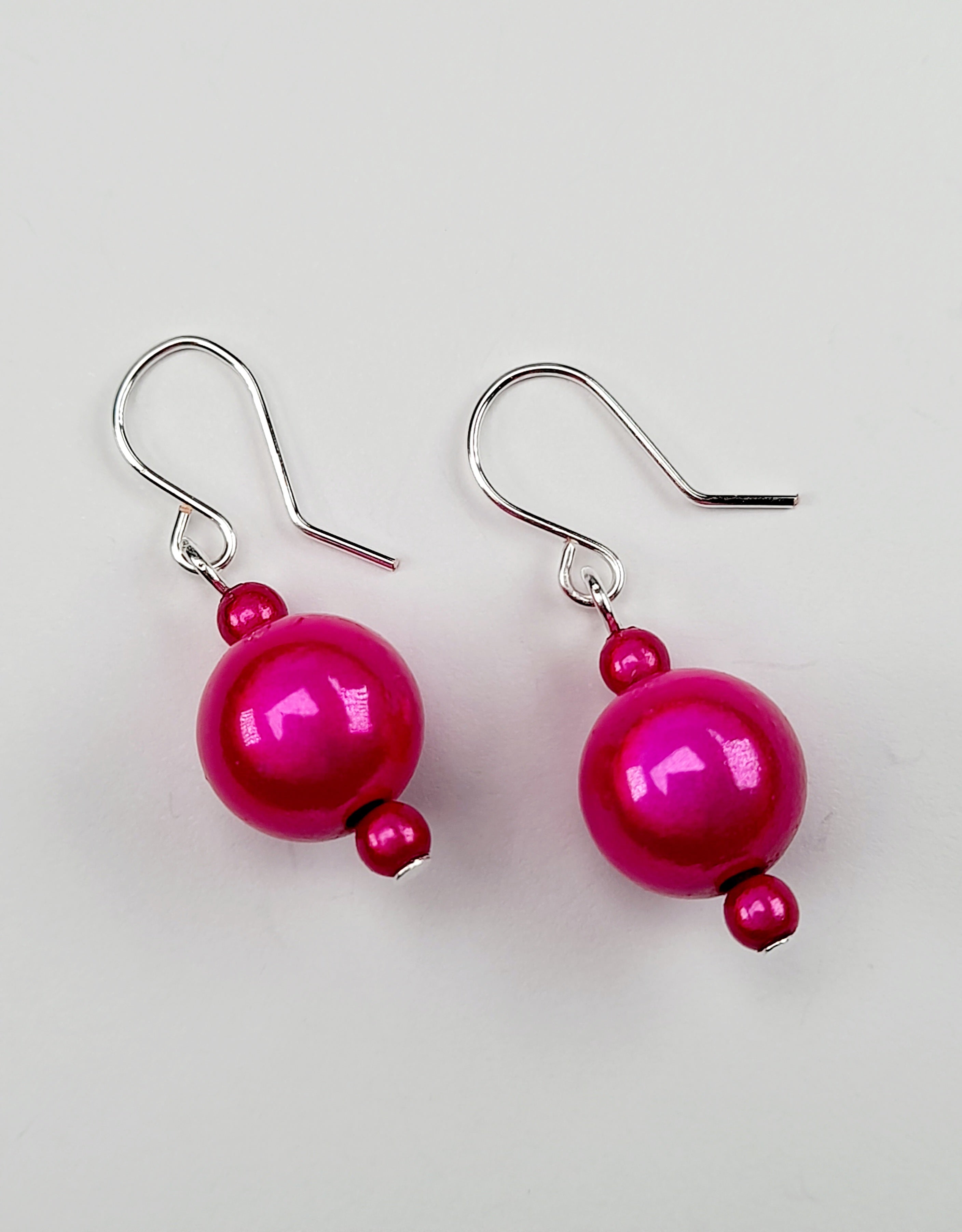 Handmade Silver Dangle Earrings with Hot Pink Luminescent Beads