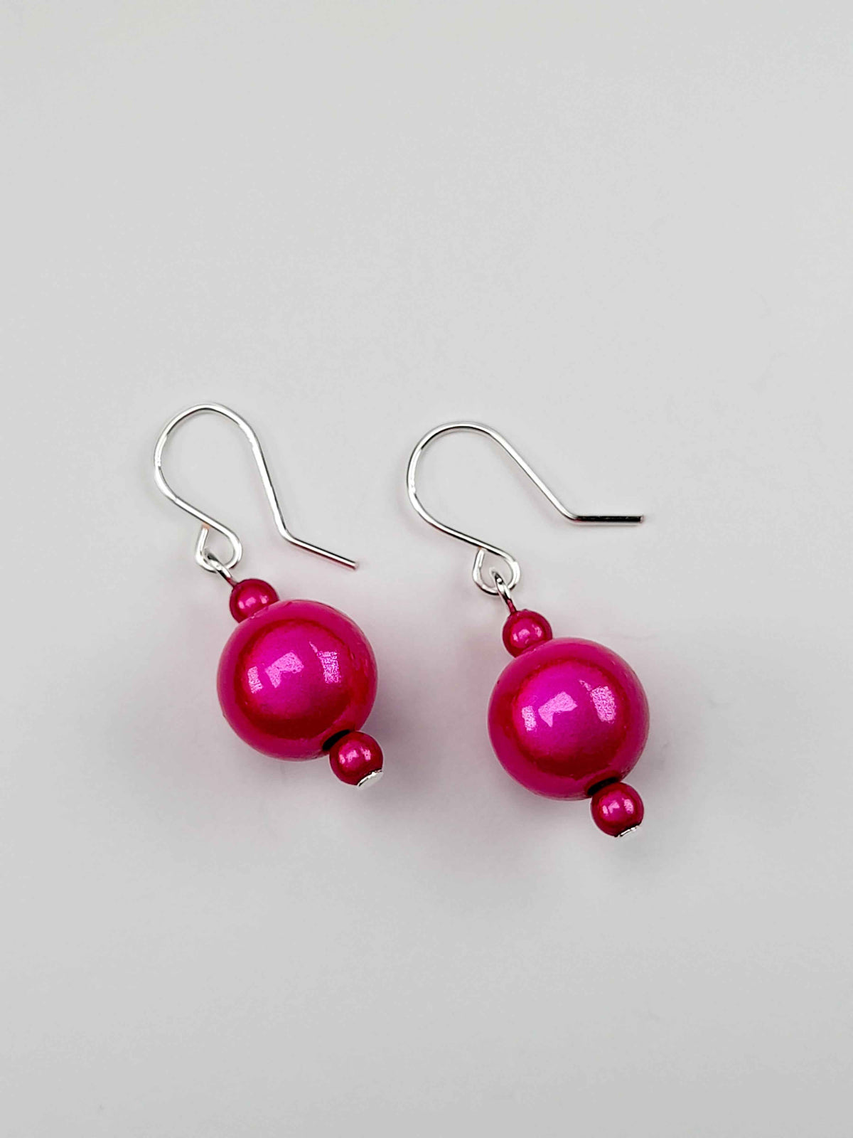 Handmade Silver Dangle Earrings with Hot Pink Luminescent Beads