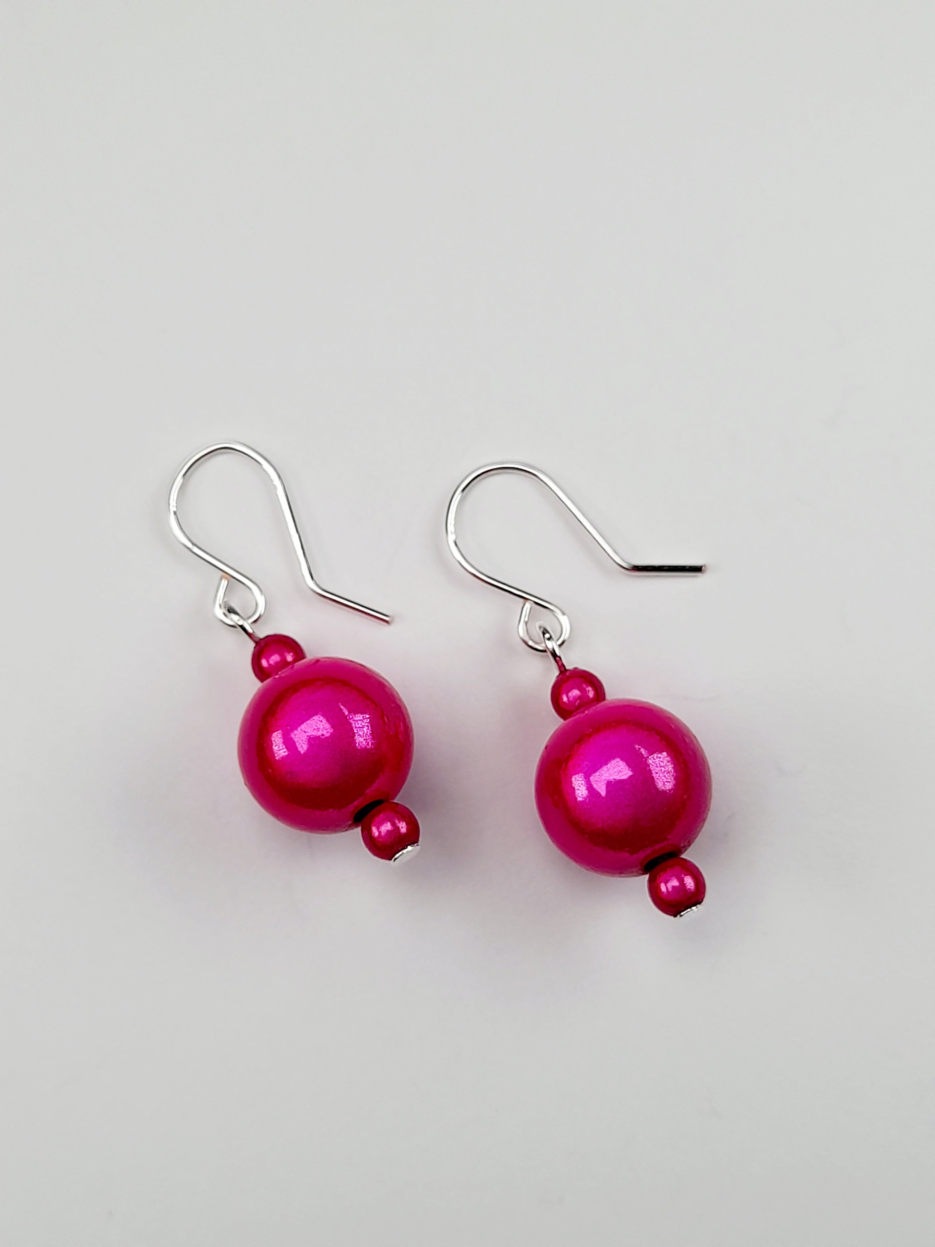 Handmade Silver Dangle Earrings with Hot Pink Luminescent Beads