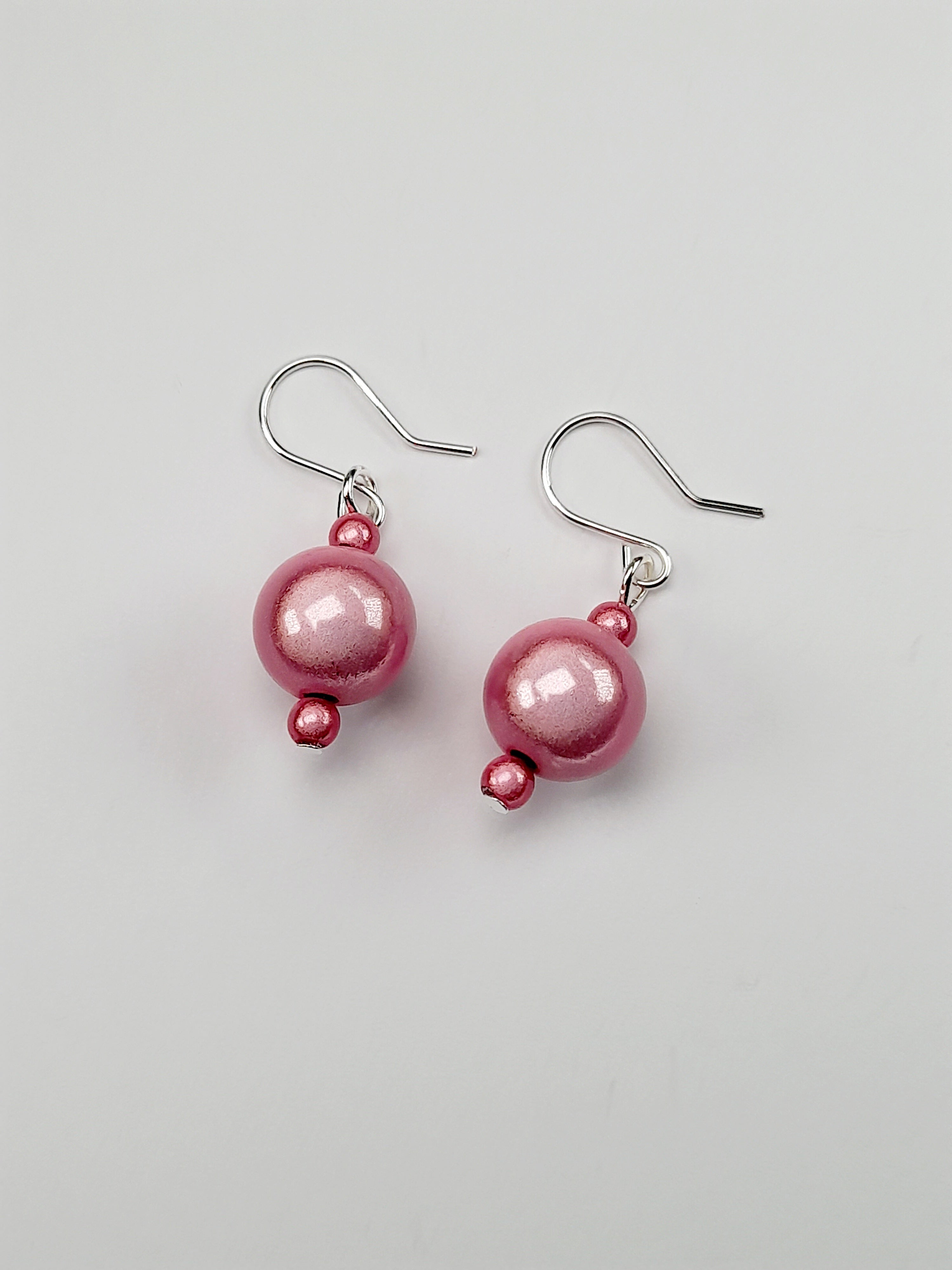 Handmade Silver Dangle Earrings with  Pale Pink Luminescent Beads