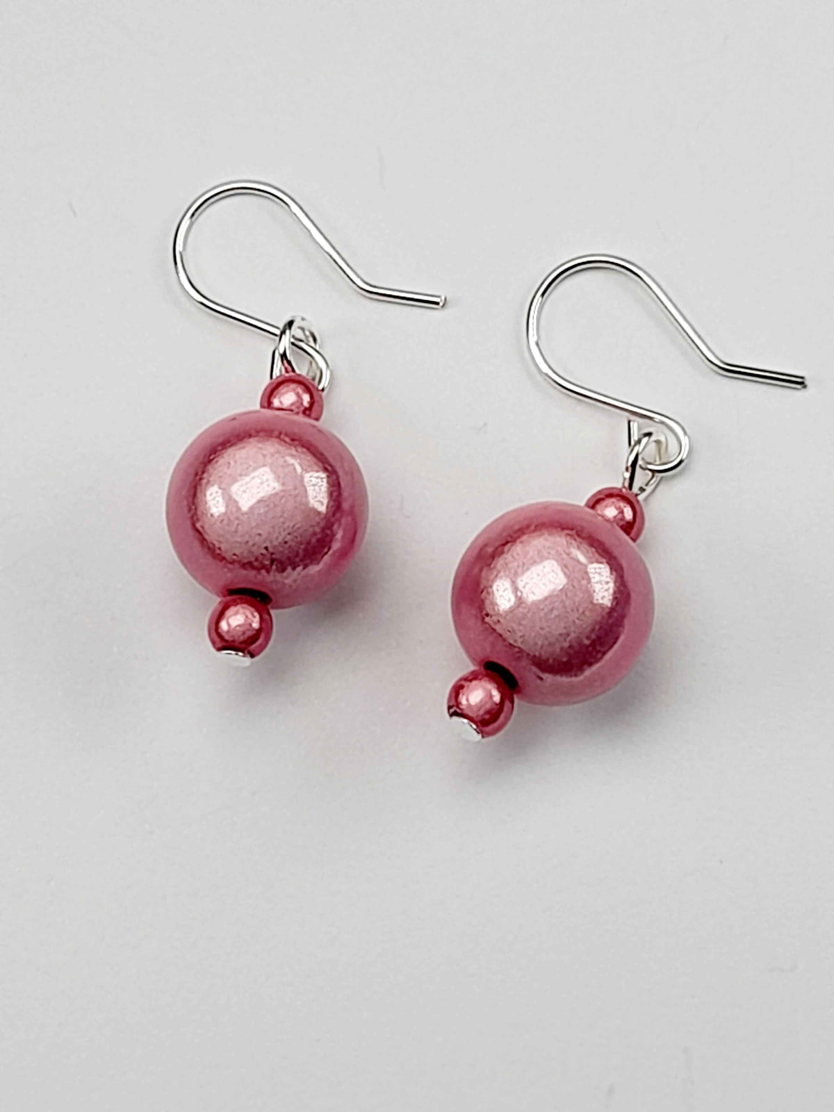 Handmade Silver Dangle Earrings with  Pale Pink Luminescent Beads