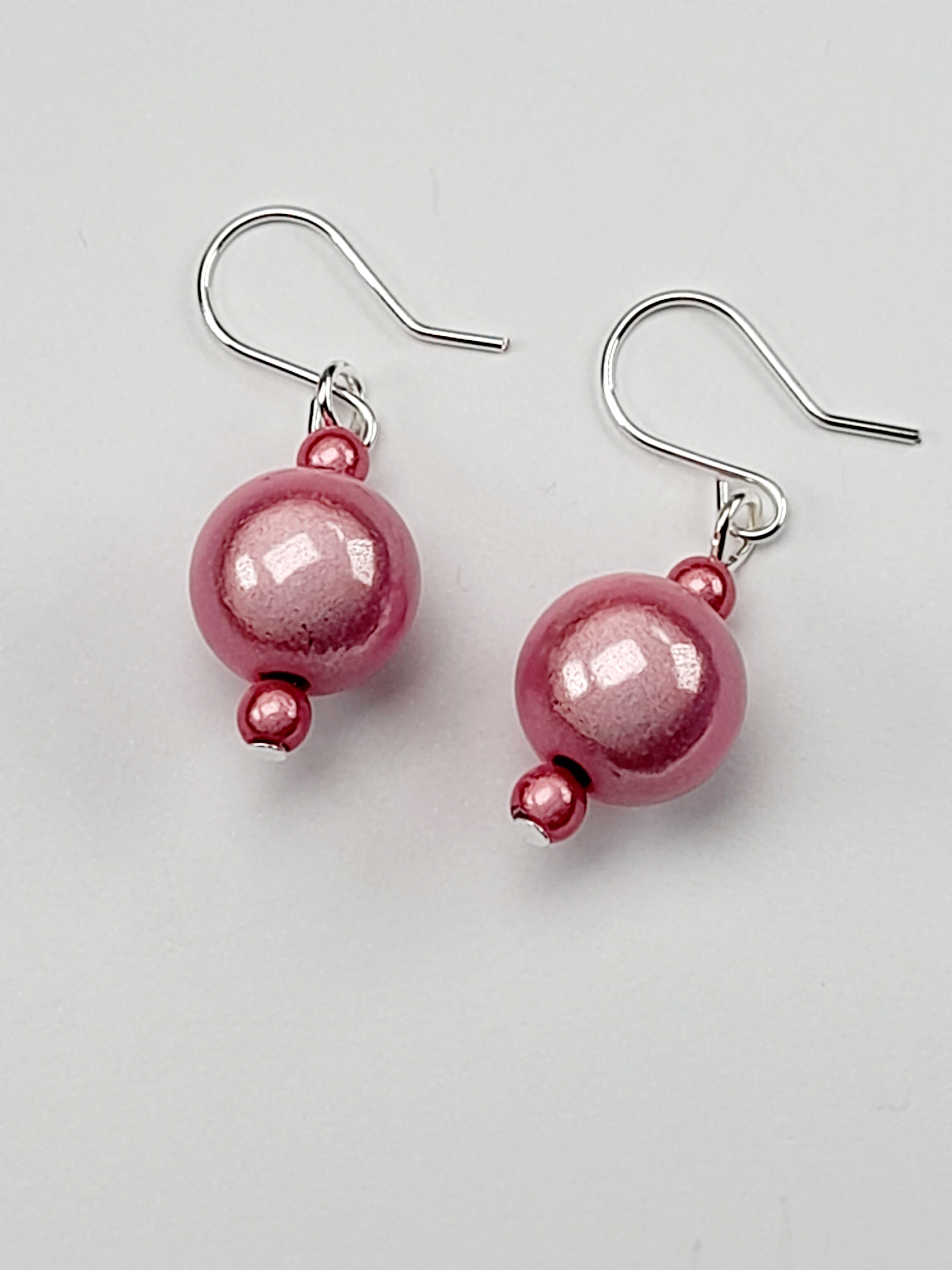 Handmade Silver Dangle Earrings with  Pale Pink Luminescent Beads