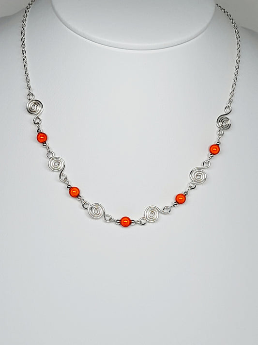 Dainty Silver Spiral Necklace with Orange Miracle Beads,  Handmade Lightweight Jewellery