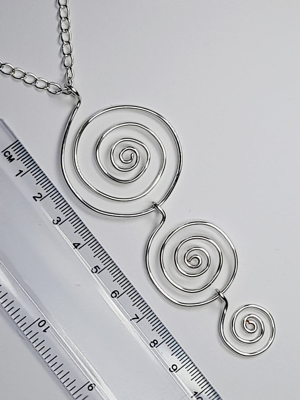 Handmade Silver Swirly Spiral Long Pendant Necklace, Lightweight Silver‑Plated Chain