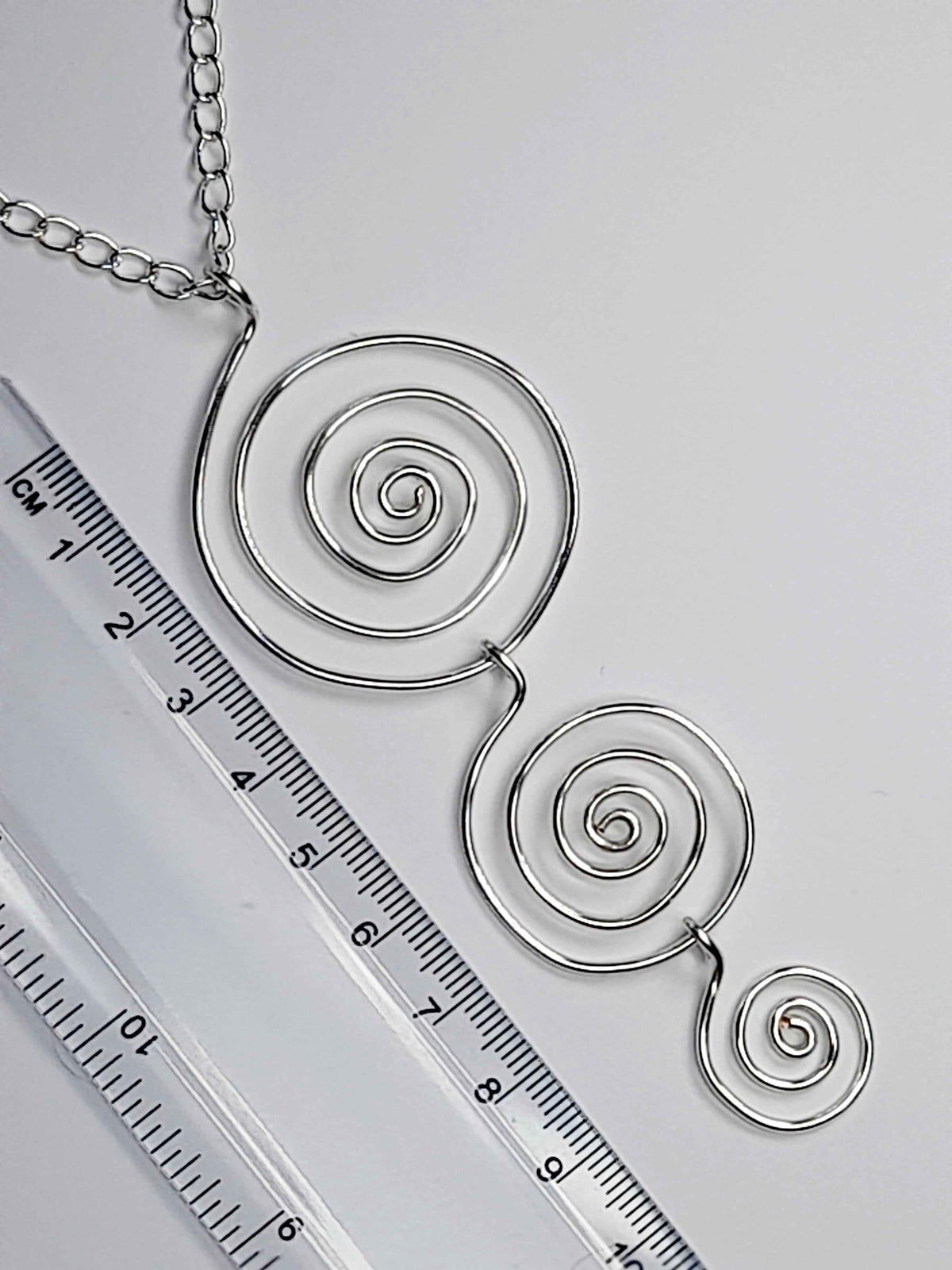 Handmade Silver Swirly Spiral Long Pendant Necklace, Lightweight Silver‑Plated Chain