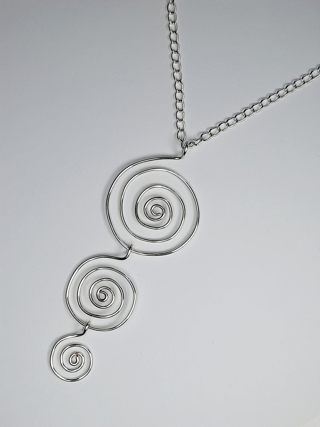 Handmade Silver Swirly Spiral Long Pendant Necklace, Lightweight Silver‑Plated Chain
