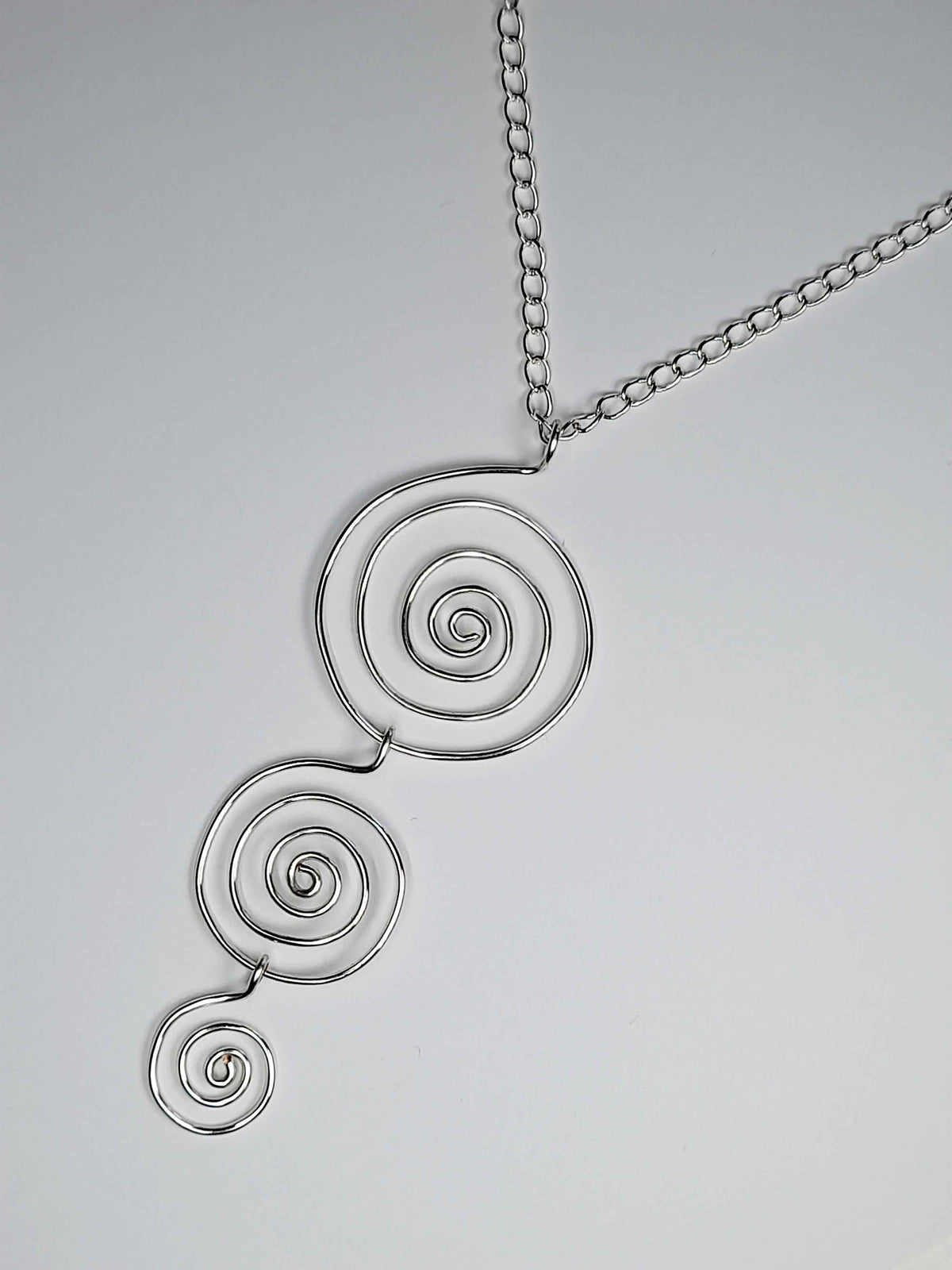 Handmade Silver Swirly Spiral Long Pendant Necklace, Lightweight Silver‑Plated Chain