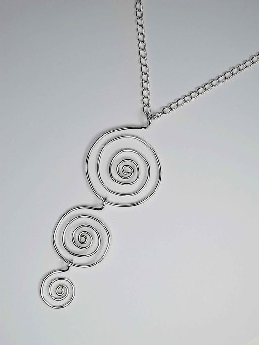 Handmade Silver Swirly Spiral Long Pendant Necklace, Lightweight Silver‑Plated Chain