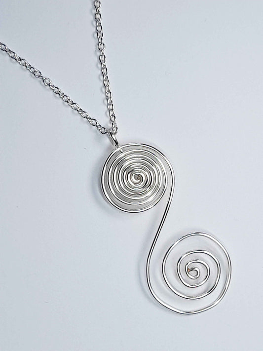 Handmade Silver Swirly Spiral Pendant Necklace, Lightweight Silver‑Plated Chain