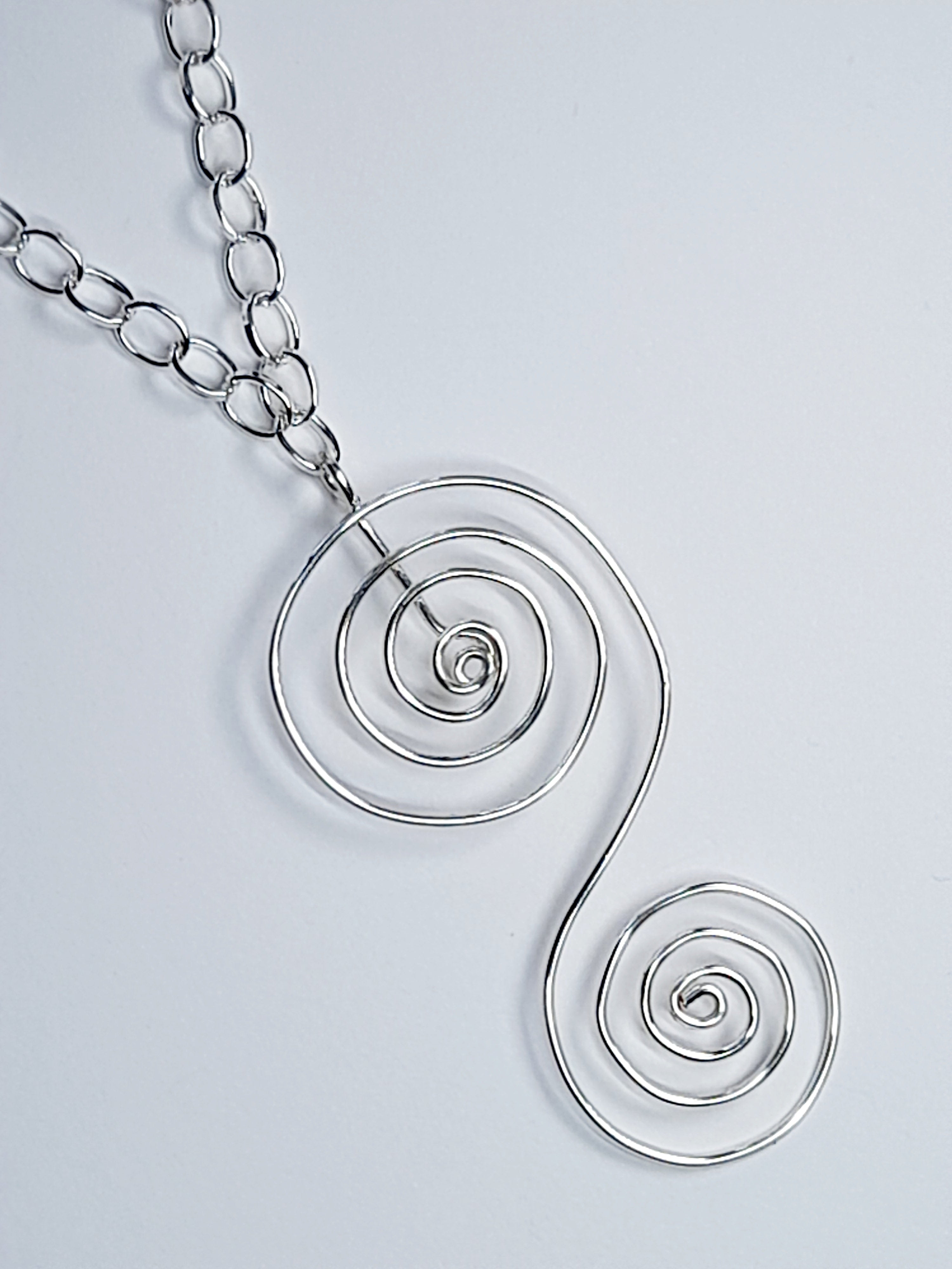Handmade Silver Swirly Spiral Long Pendant Necklace, Lightweight Statement Design