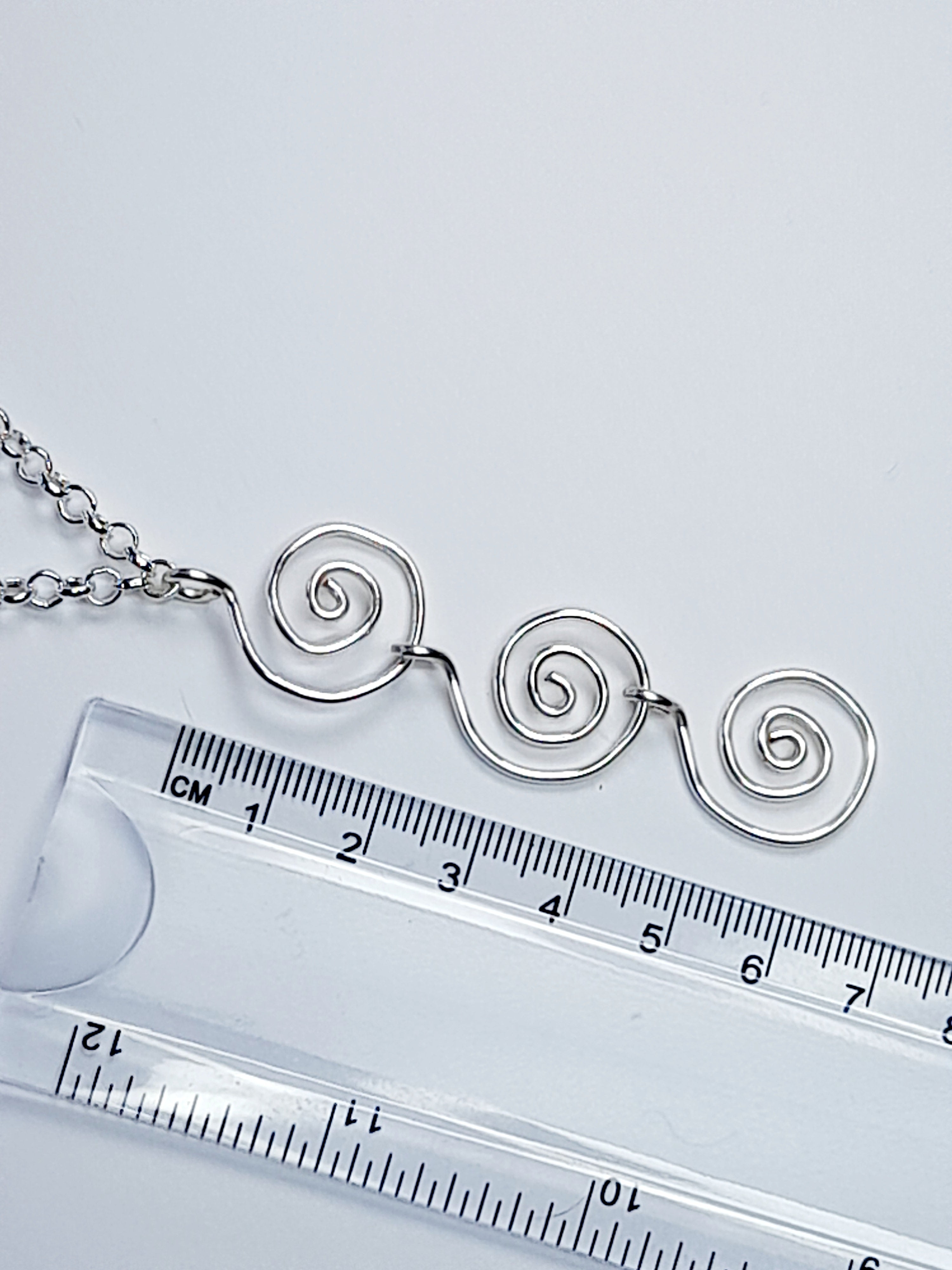 Handmade Silver Swirly Spiral Long Pendant Necklace, Lightweight Geometric Design