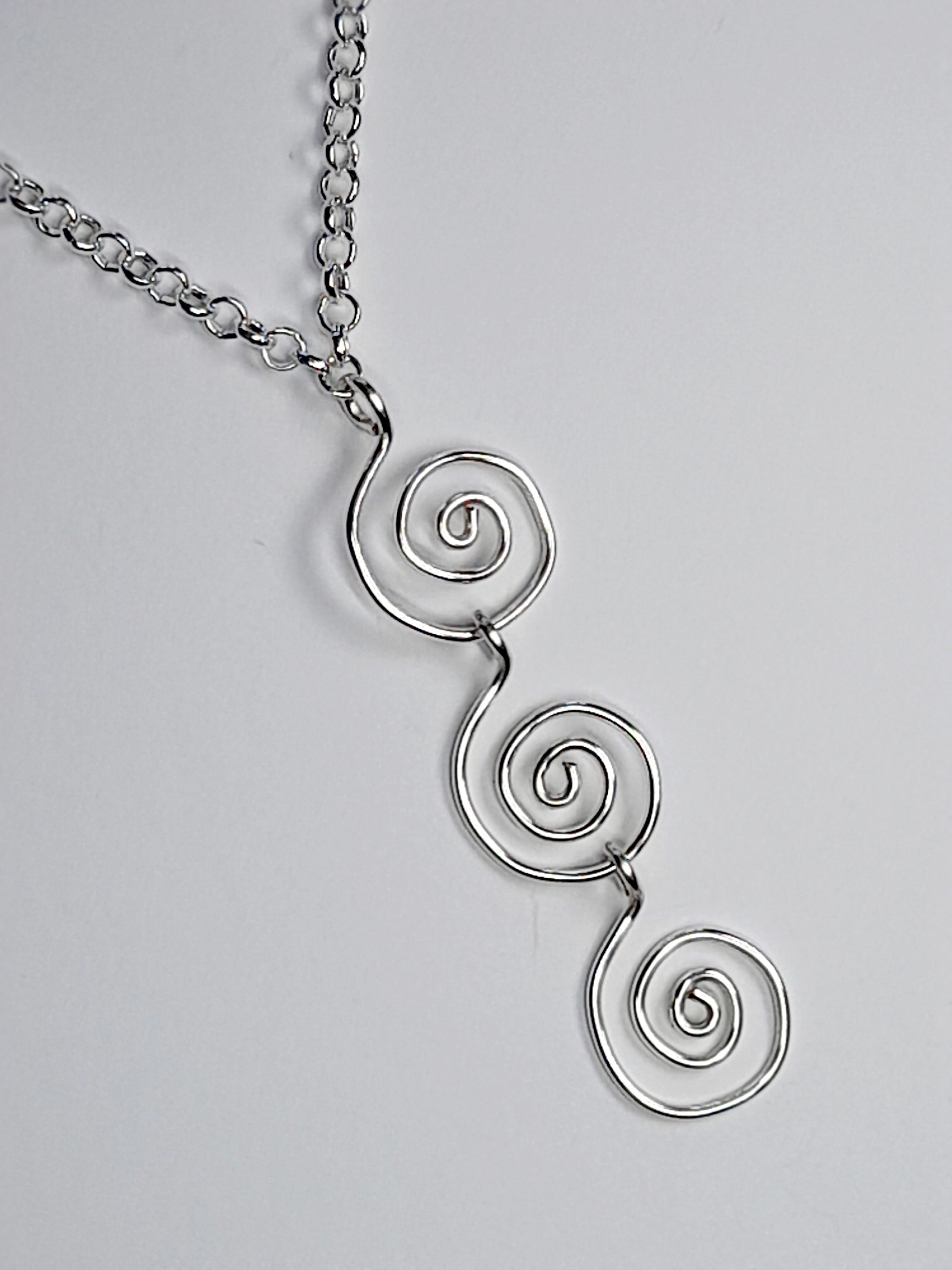 Handmade Silver Swirly Spiral Long Pendant Necklace, Lightweight Geometric Design