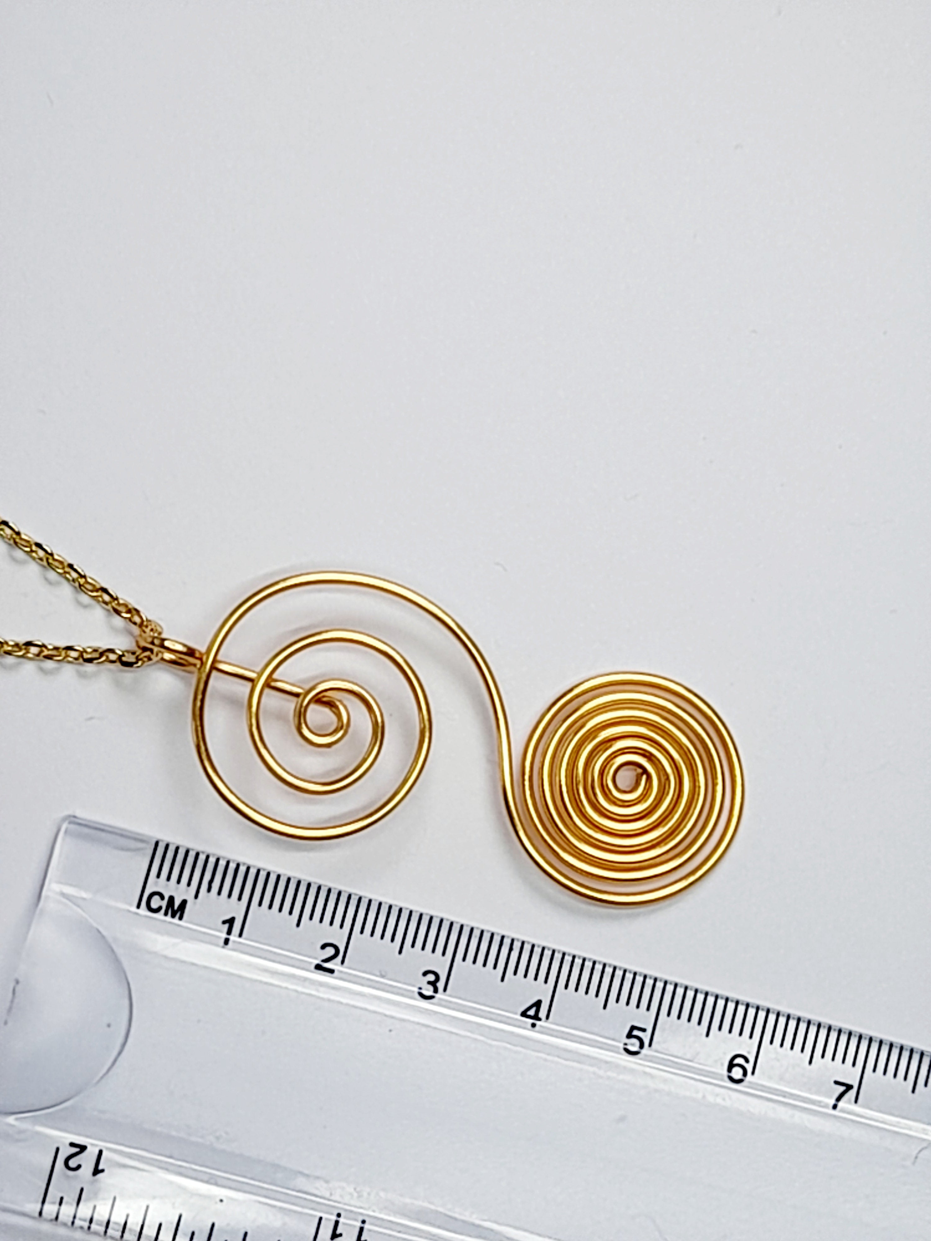 Handmade Gold Swirly Spiral Long Pendant Necklace, Lightweight Silver‑Plated Chain